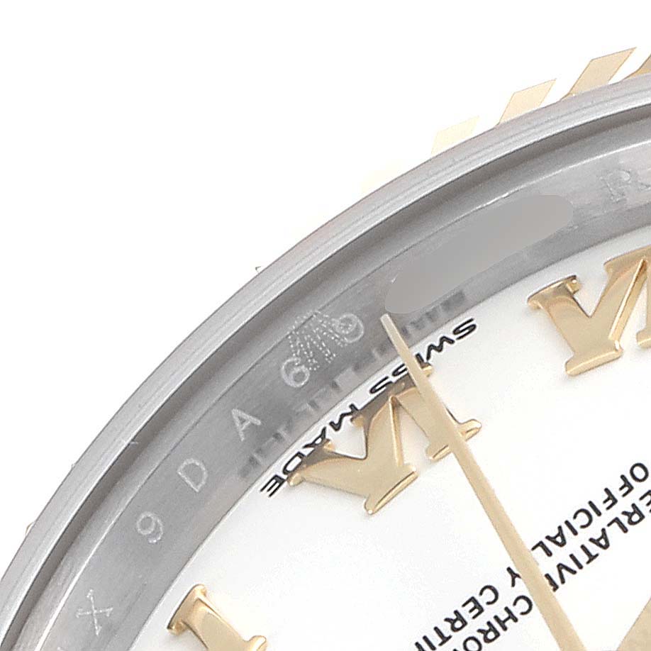 The image shows a close-up of the dial, hands, and Roman numerals of a Rolex Datejust 279173 Women's Steel and Gold (two tone) White Dial 279173 Women's Steel and Gold (two tone) White Dial watch, with part of the fluted bezel visible.