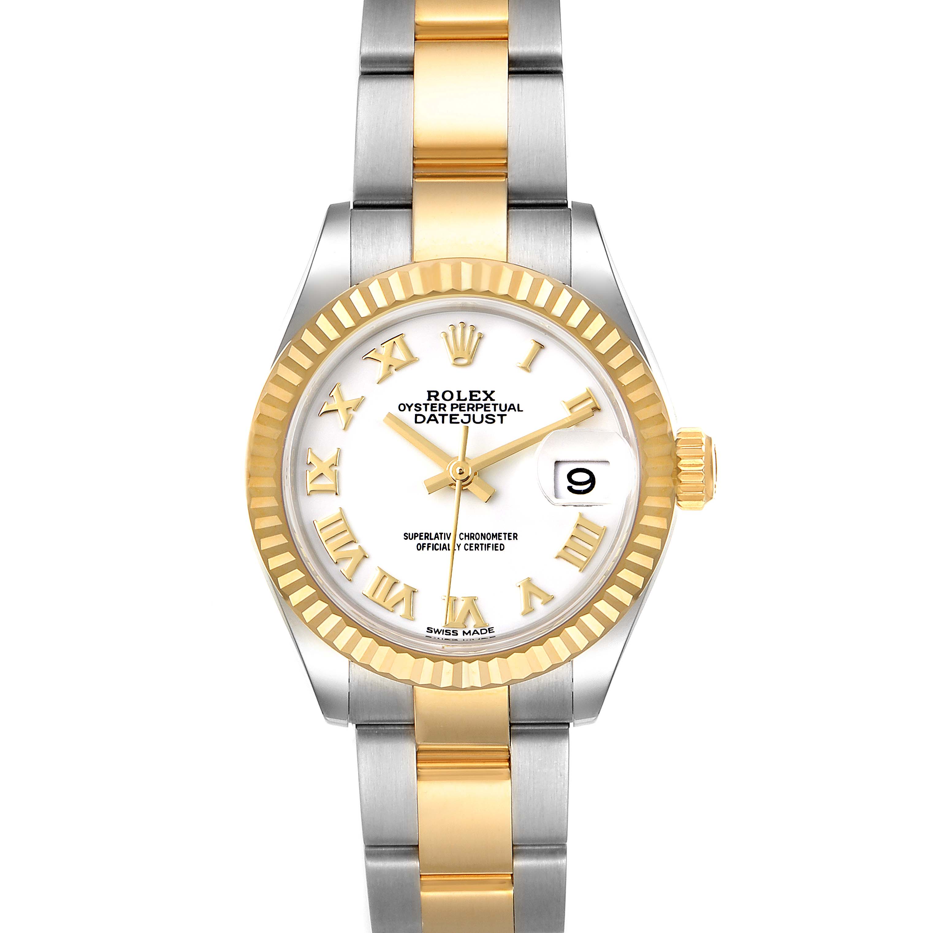 This image shows a front view of a Rolex Datejust 279173 Women's Steel and Gold (two tone) White Dial 279173 Women's Steel and Gold (two tone) White Dial model watch, featuring a two-tone bracelet and Roman numeral dial.