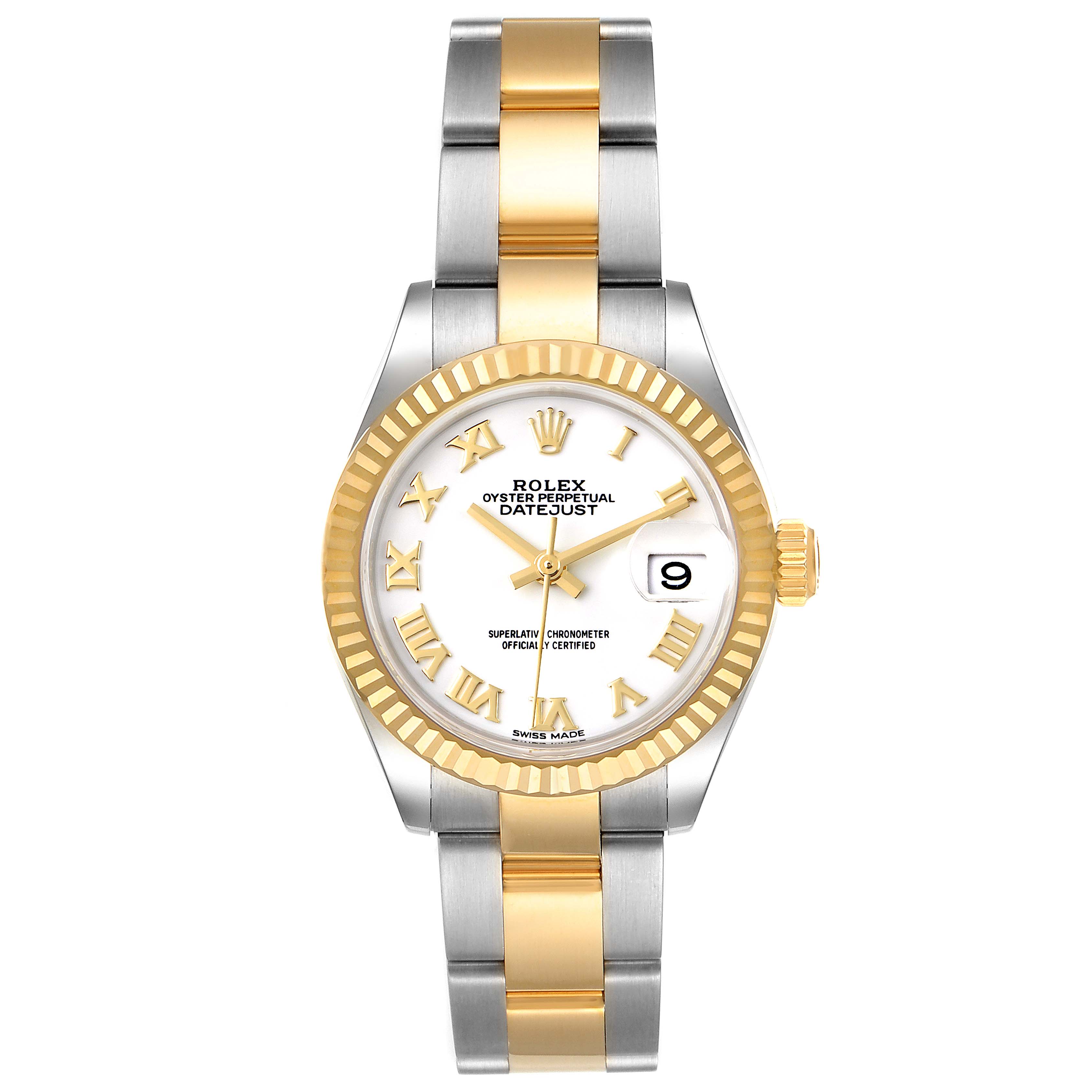This image shows a front view of the Rolex Datejust 279173 Women's Steel and Gold (two tone) White Dial 279173 Women's Steel and Gold (two tone) White Dial watch with a two-tone bracelet and a fluted bezel.