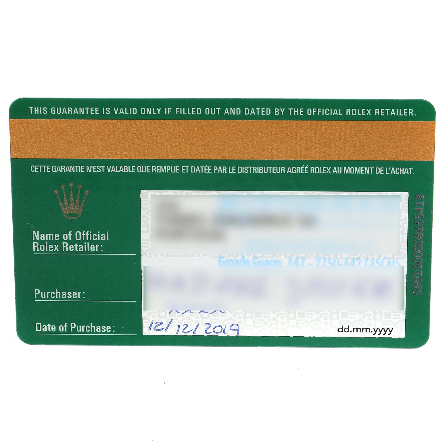 This is the warranty card for a Mid-Size Rolex watch, displaying retailer details and purchase date.