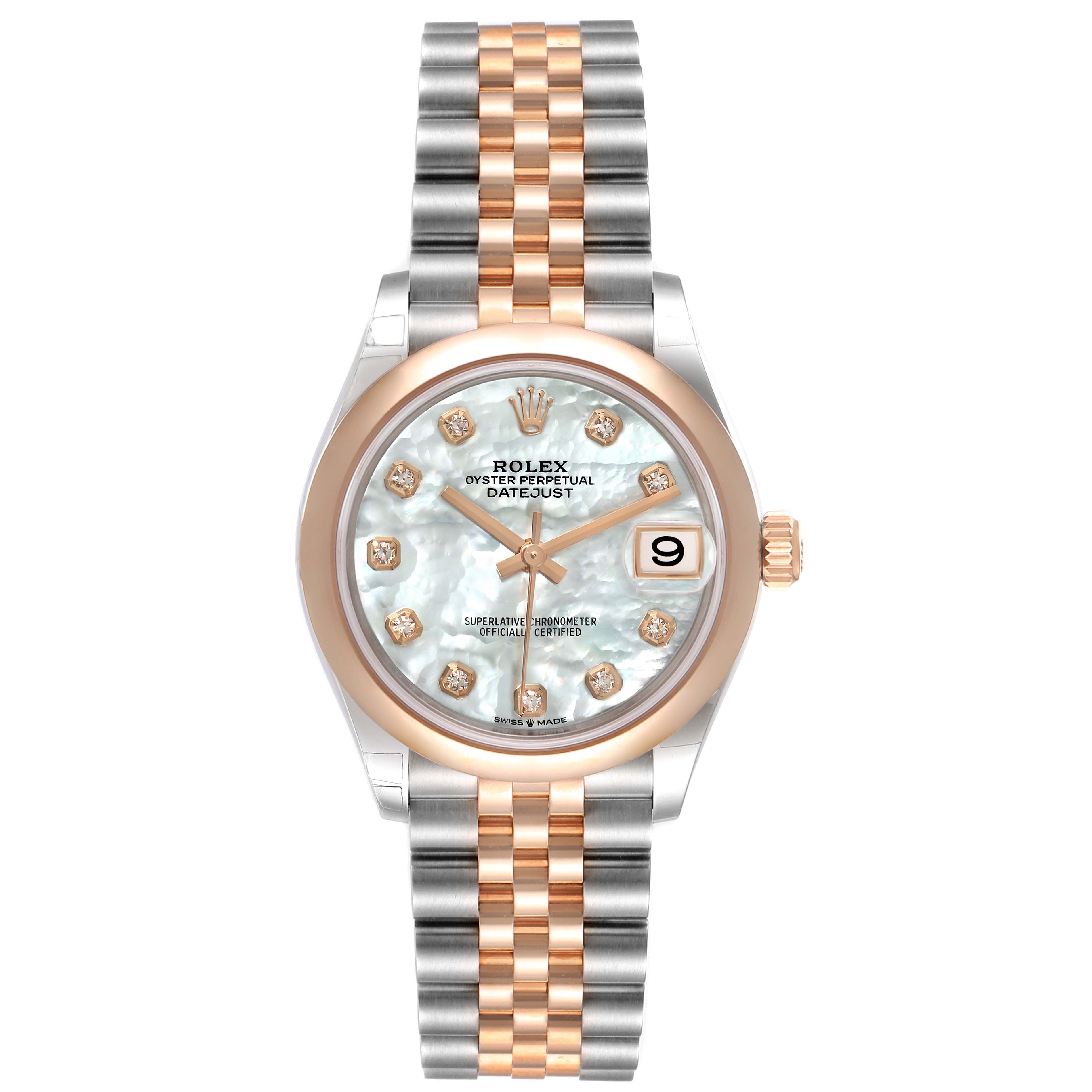 The image shows a front view of the Rolex Mid-Size 278241 Women's Steel and Gold (two tone) Mother of Pearl Dial 278241 Women's Steel and Gold (two tone) Mother of Pearl Dial Datejust 31 watch, highlighting the dial, bezel, and bracelet.