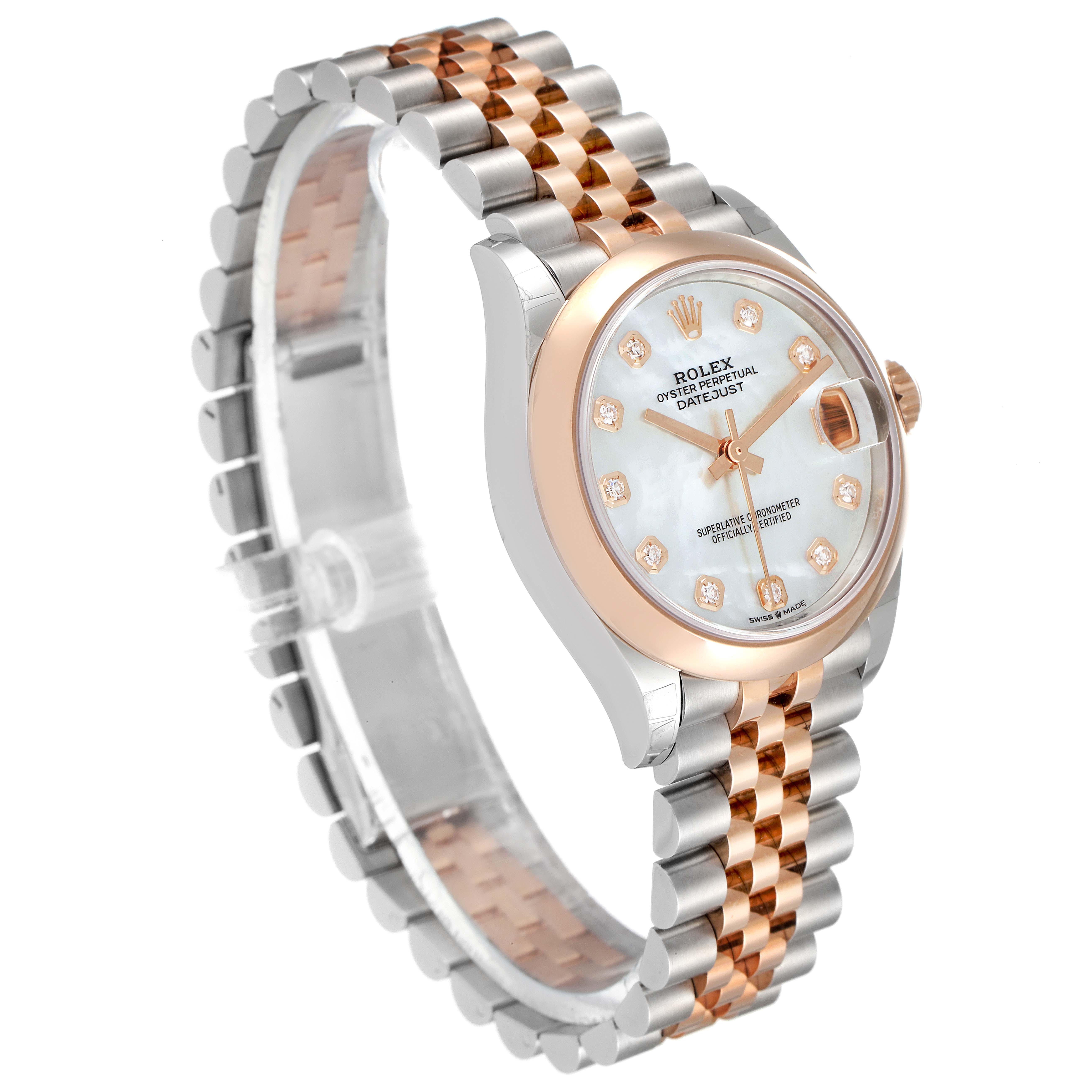 This image shows a Mid-Size Rolex Datejust watch at a three-quarter angle, showcasing the dial, bezel, and Jubilee bracelet.