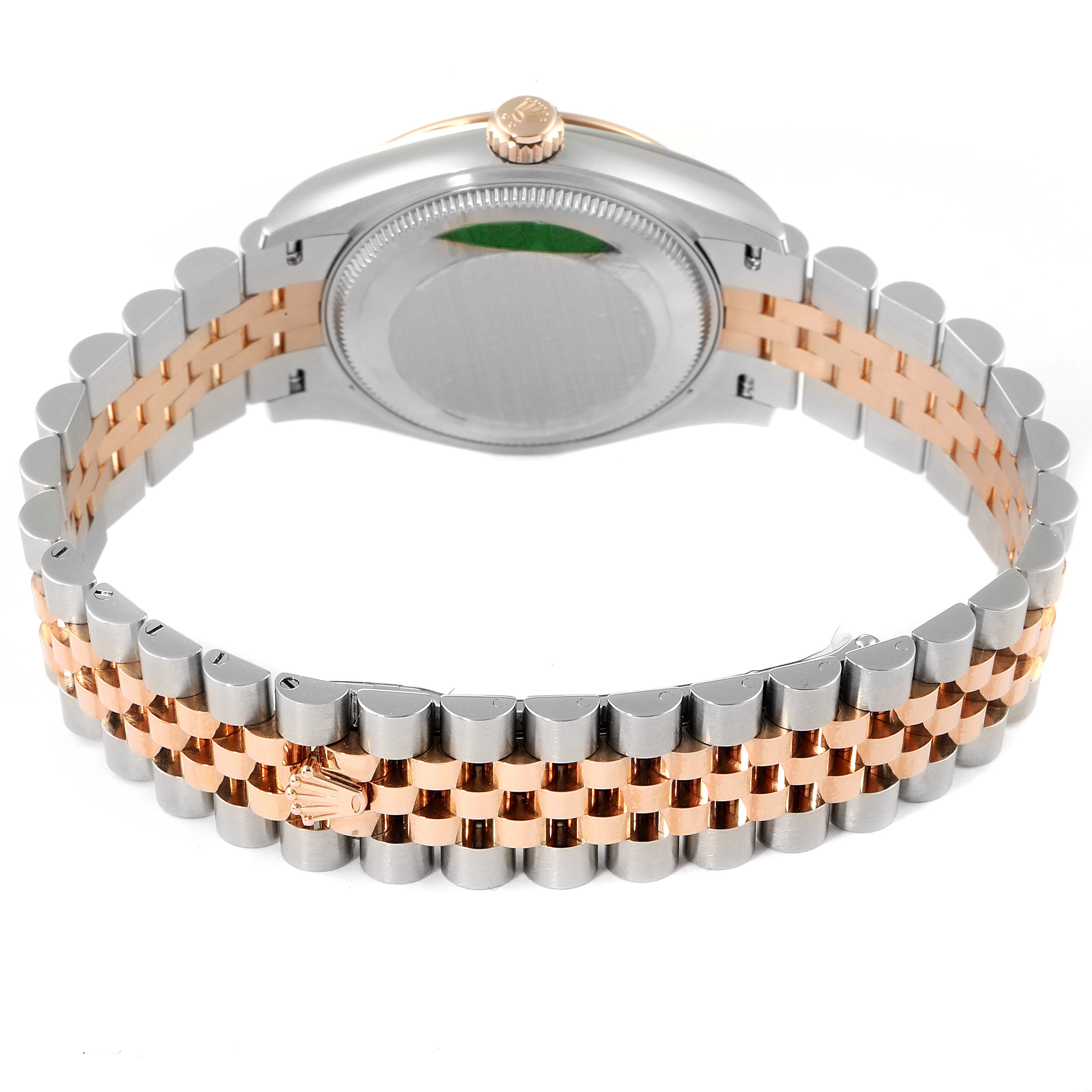 This Rolex Mid-Size 278241 Women's Steel and Gold (two tone) Mother of Pearl Dial 278241 Women's Steel and Gold (two tone) Mother of Pearl Dial model watch is shown from the back, highlighting its stainless steel and rose gold bracelet and crown.