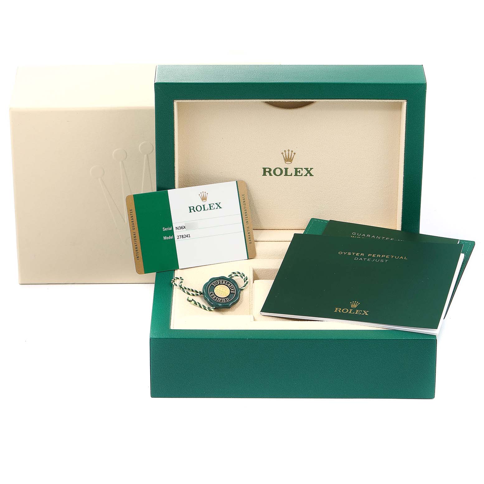 The image shows a Rolex Mid-Size 278241 Women's Steel and Gold (two tone) Mother of Pearl Dial 278241 Women's Steel and Gold (two tone) Mother of Pearl Dial watch box with a warranty card, booklet, and tag.
