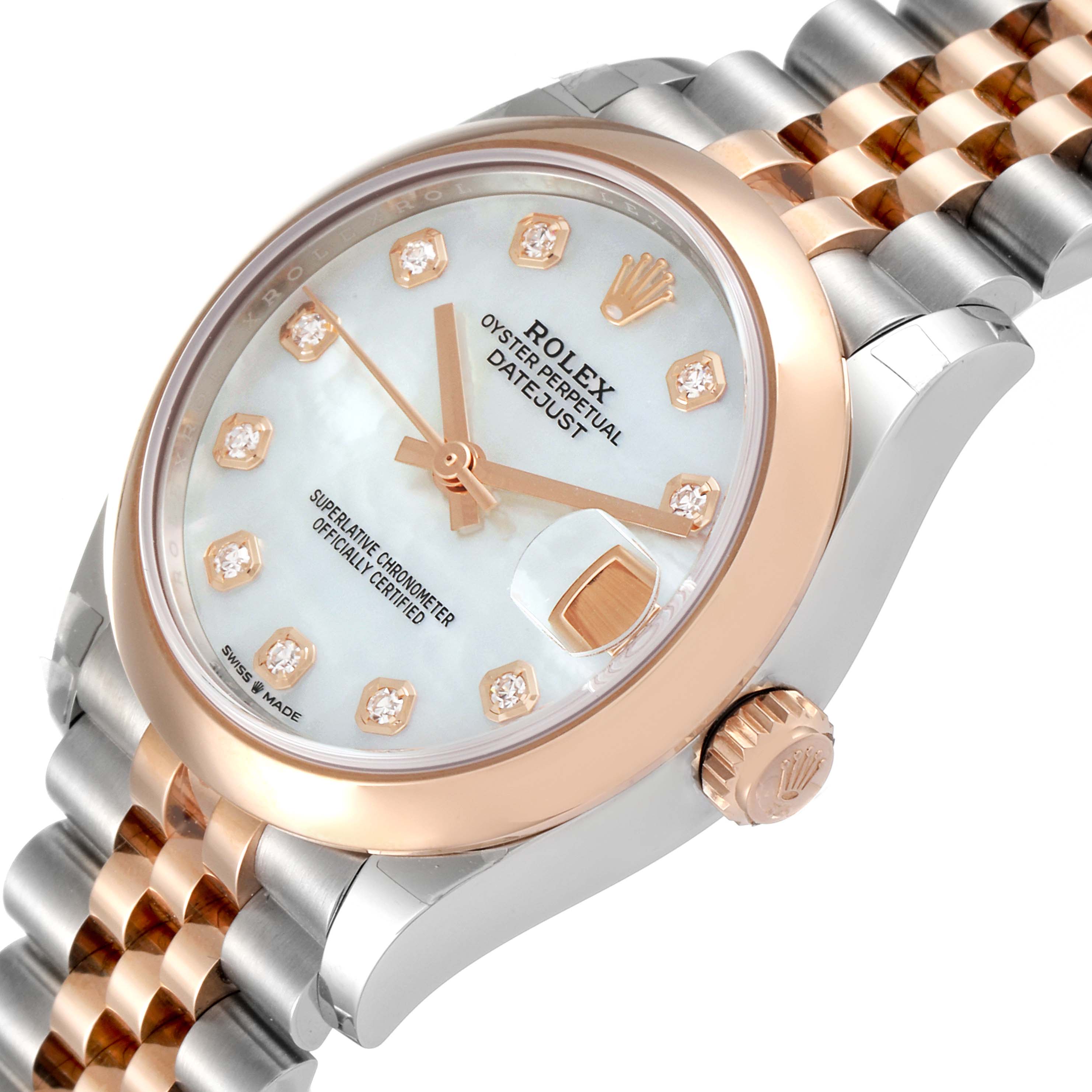 This image shows a Mid-Size Rolex Datejust watch at an angle highlighting its face, dial, bezel, and part of the bracelet.