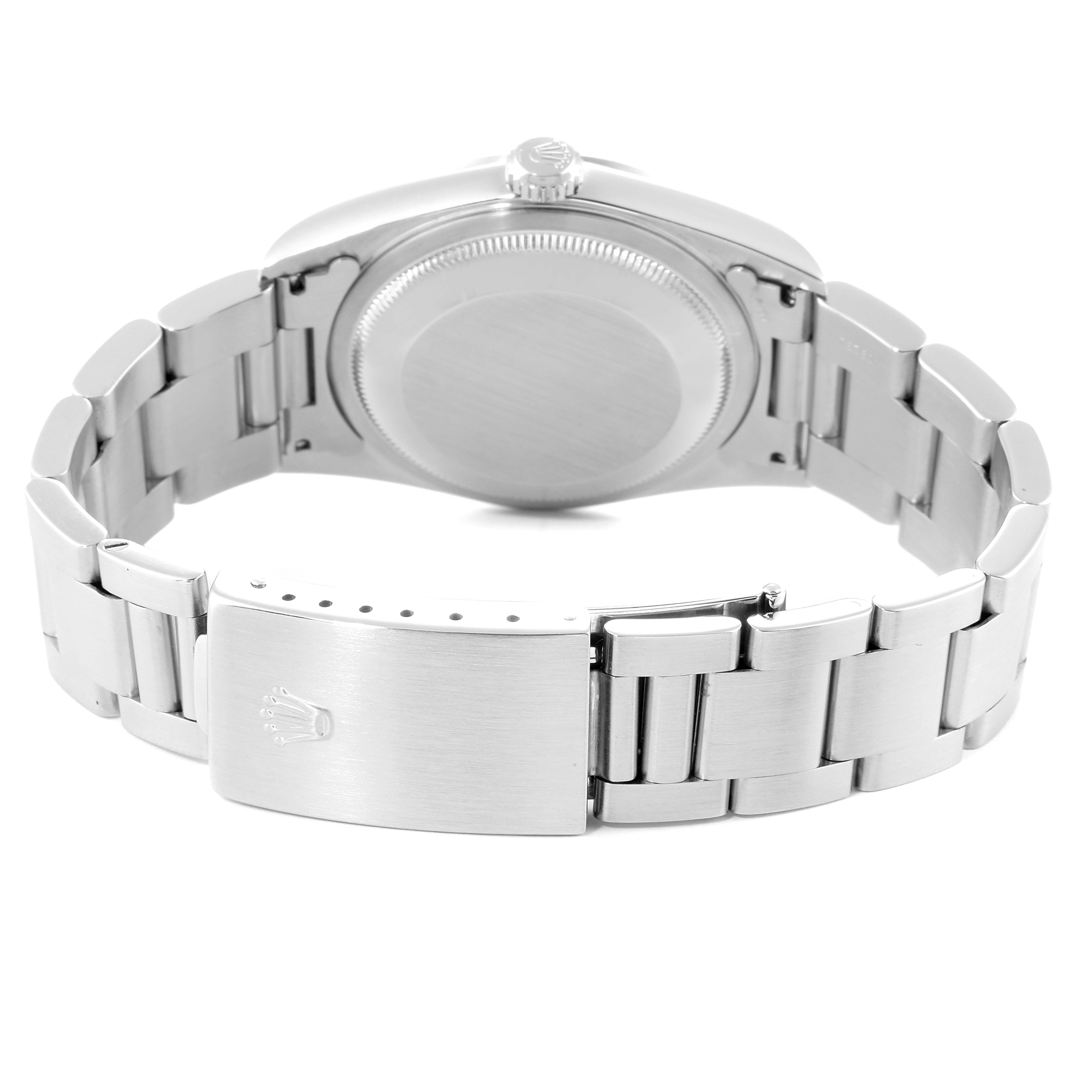 The image shows the back view of a Rolex Datejust 16200 Men
s Stainless Steel Grey Dial 16200 Men
s Stainless Steel Grey Dial watch, highlighting its stainless steel case, bracelet, and clasp.