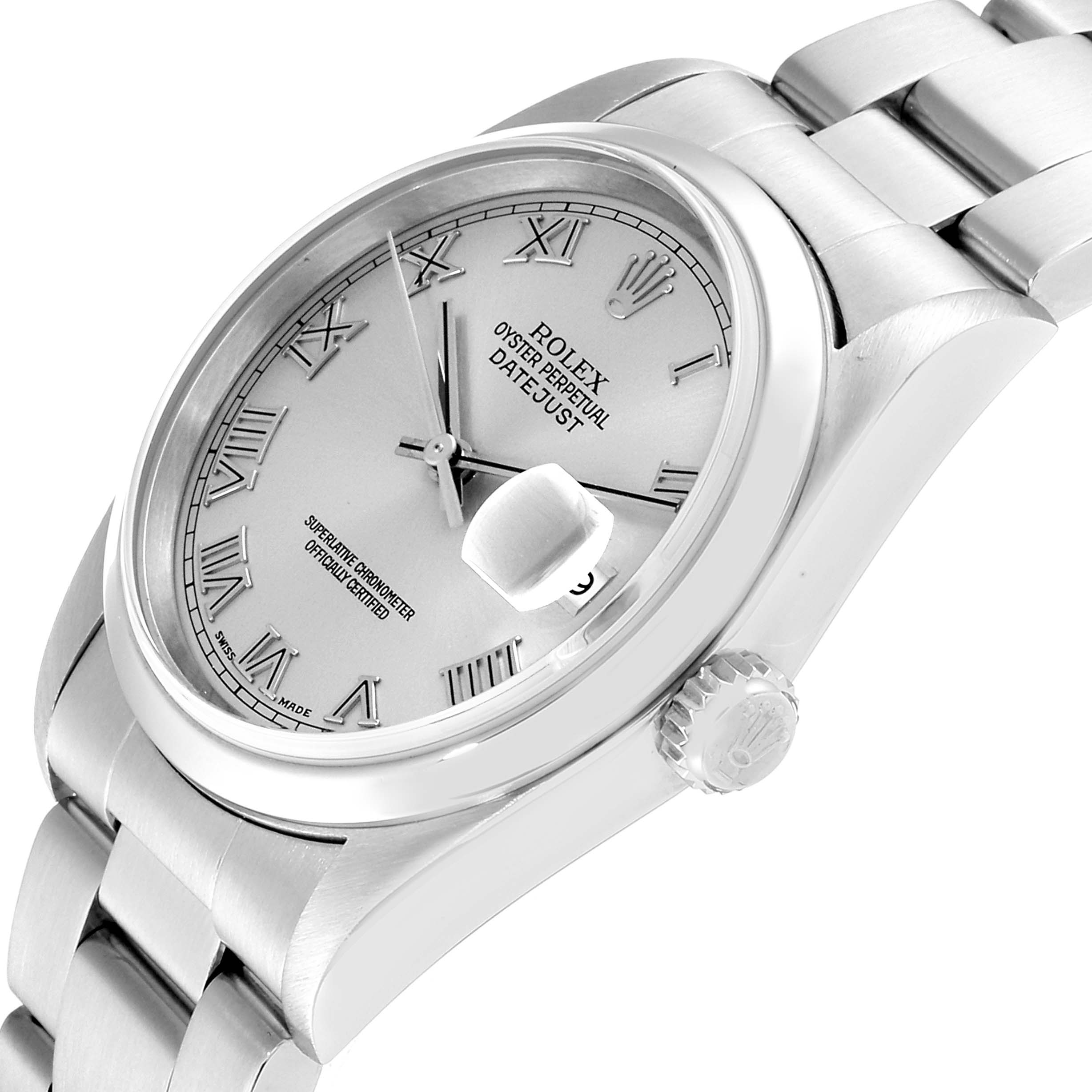 The Rolex Datejust 16200 Men
s Stainless Steel Grey Dial 16200 Men
s Stainless Steel Grey Dial watch is shown from an angled view, displaying the dial, crown, bezel, and part of the bracelet.