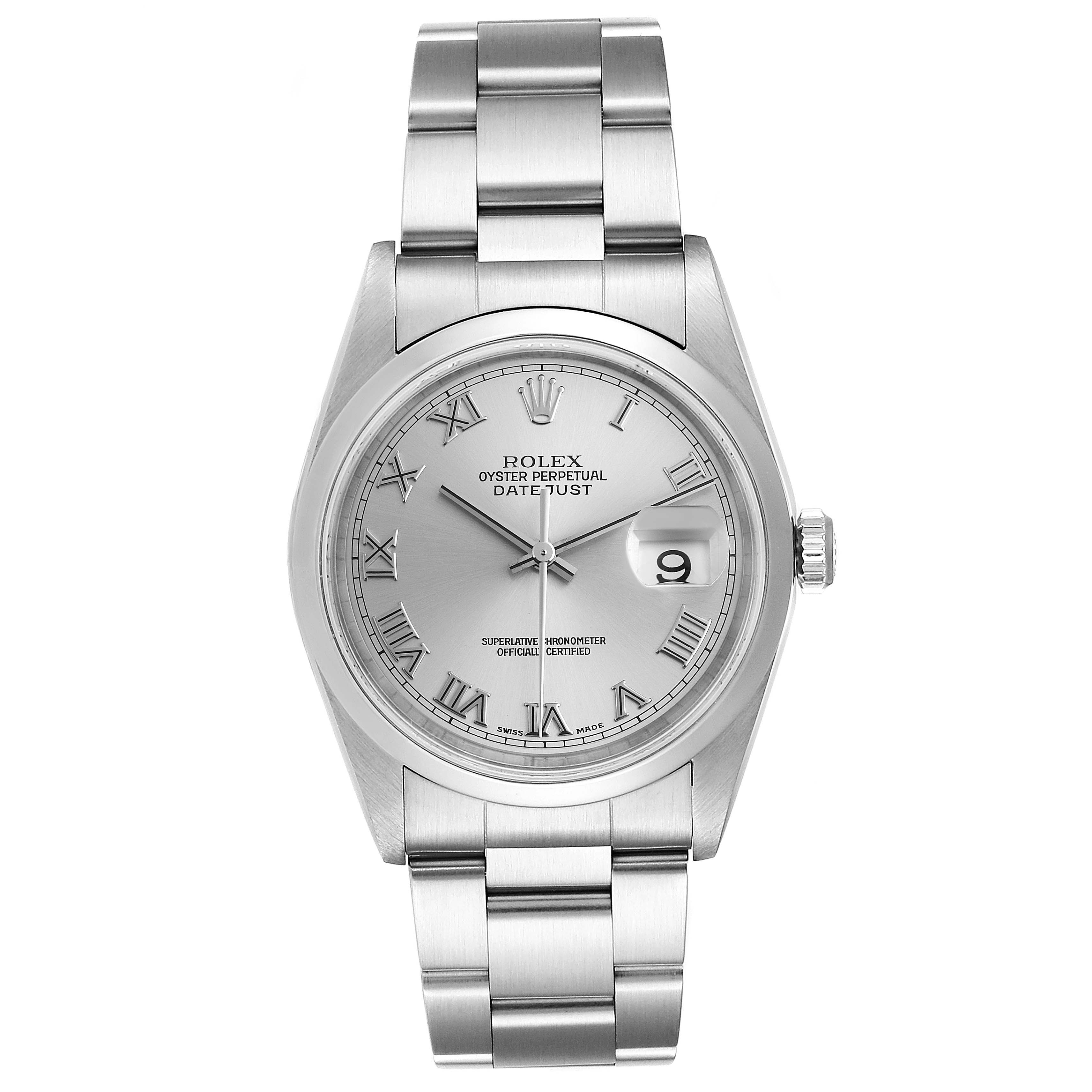 This image shows a front view of a Rolex Datejust 16200 Men
s Stainless Steel Grey Dial 16200 Men
s Stainless Steel Grey Dial watch, displaying its face, bezel, and bracelet.