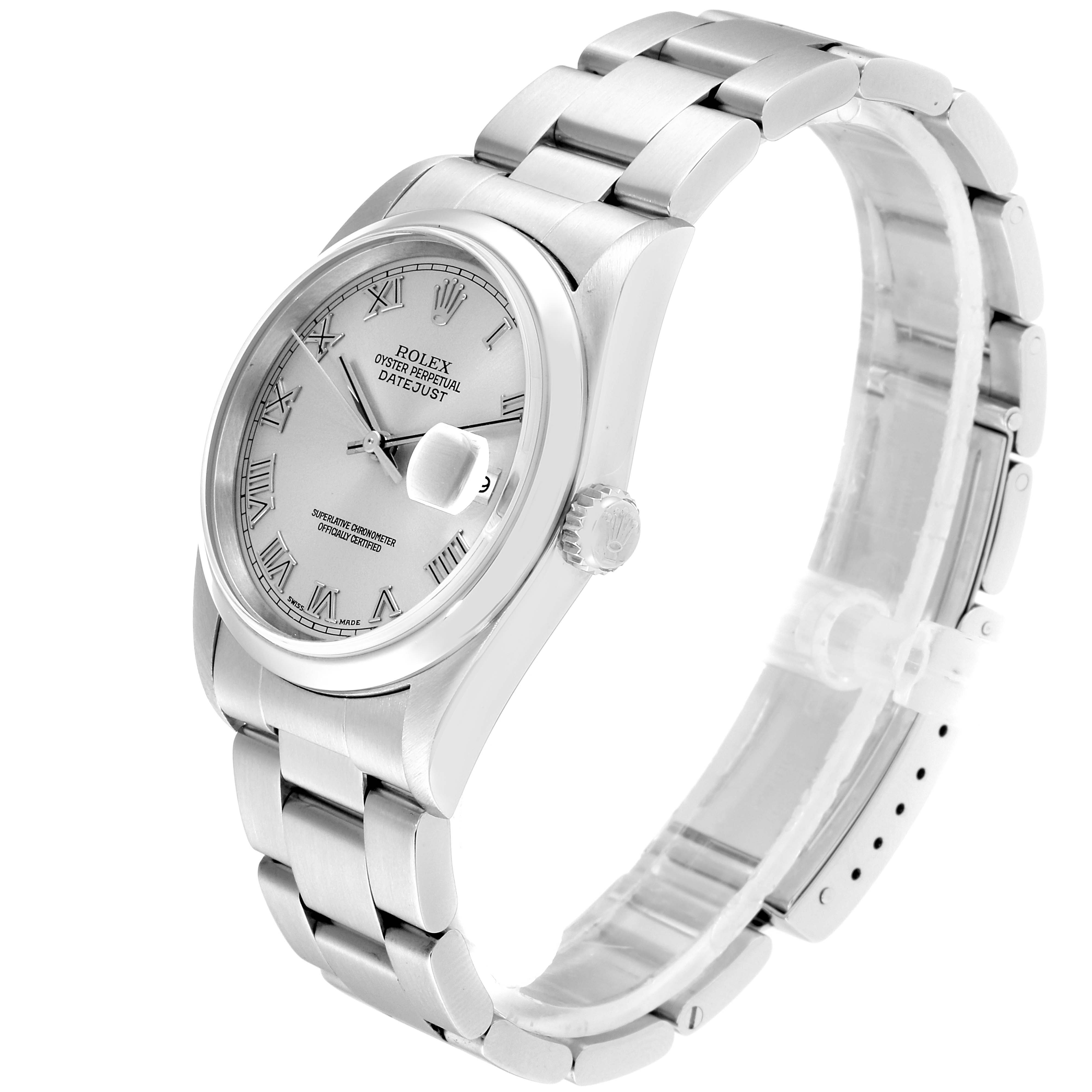 The image shows a Rolex Datejust 16200 Men
s Stainless Steel Grey Dial 16200 Men
s Stainless Steel Grey Dial watch at a three-quarter angle, displaying the dial, bracelet, and crown.