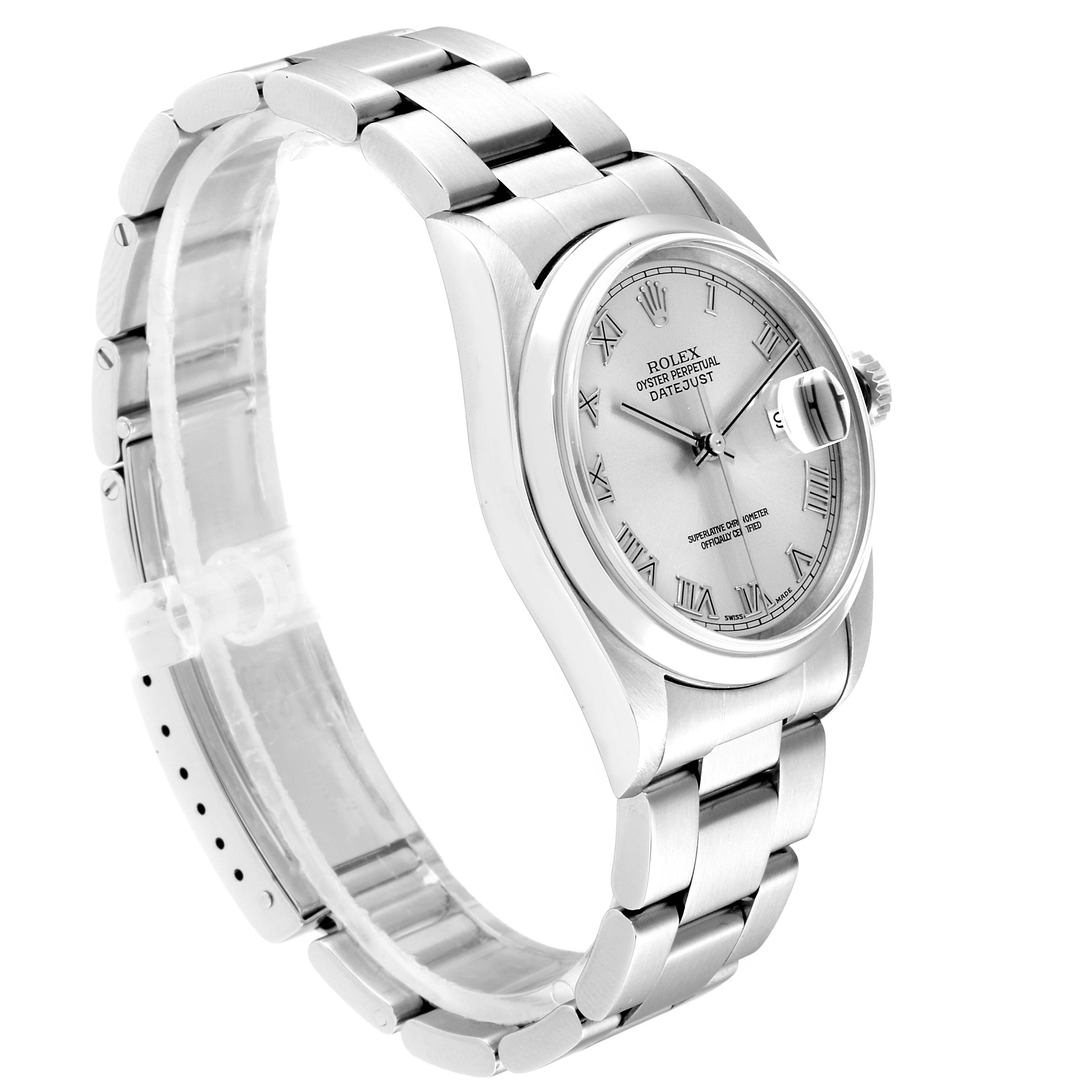 The image shows a Rolex Datejust 16200 Men
s Stainless Steel Grey Dial 16200 Men
s Stainless Steel Grey Dial watch from a 3/4 angle, featuring its bracelet, case, and dial with Roman numerals.