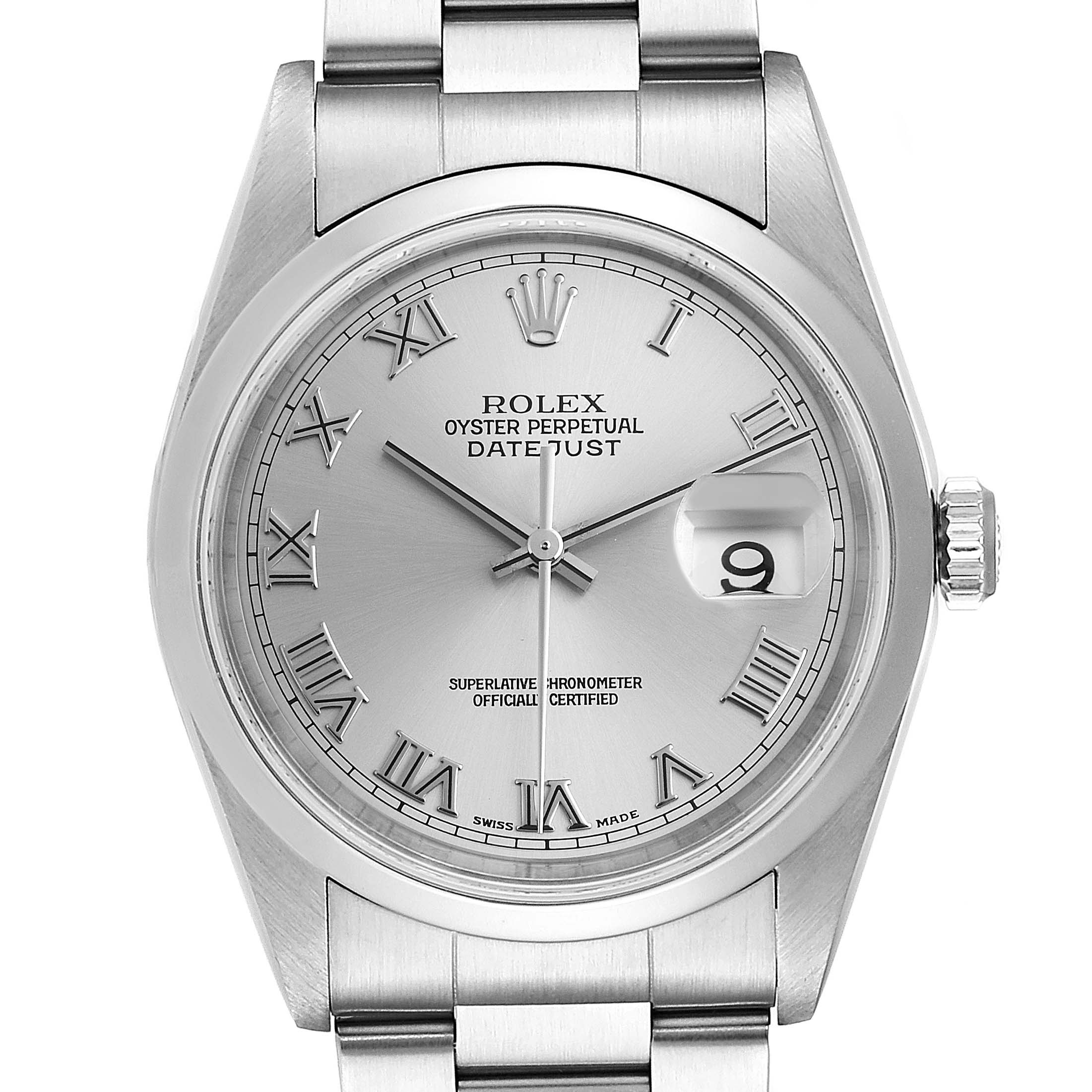 This image shows a front view of a Rolex Datejust 16200 Men
s Stainless Steel Grey Dial 16200 Men
s Stainless Steel Grey Dial watch, detailing the dial, bezel, and part of the bracelet.