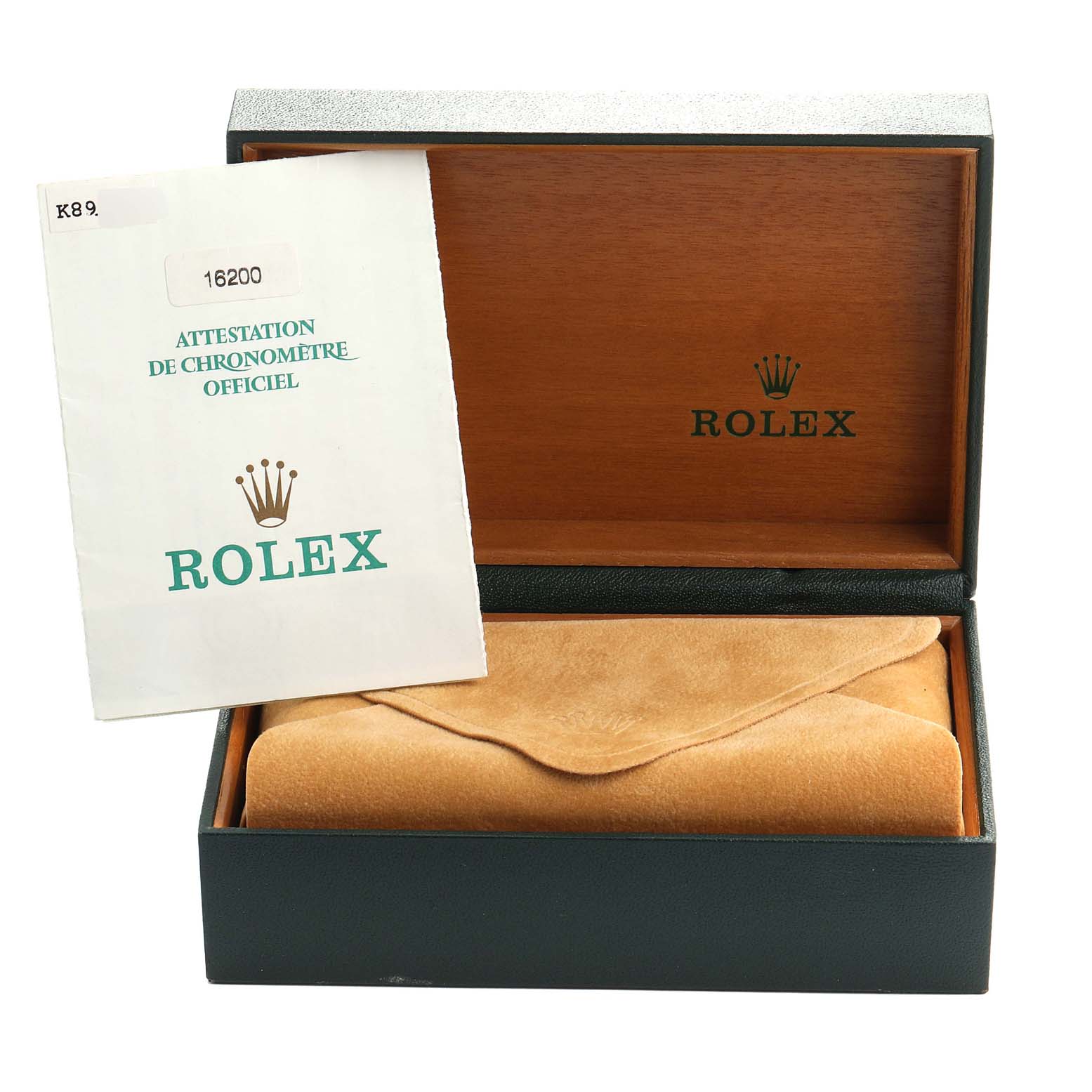 This image shows a Rolex Datejust 16200 Men
s Stainless Steel Grey Dial 16200 Men
s Stainless Steel Grey Dial watch box with certification papers and a suede watch holder inside.