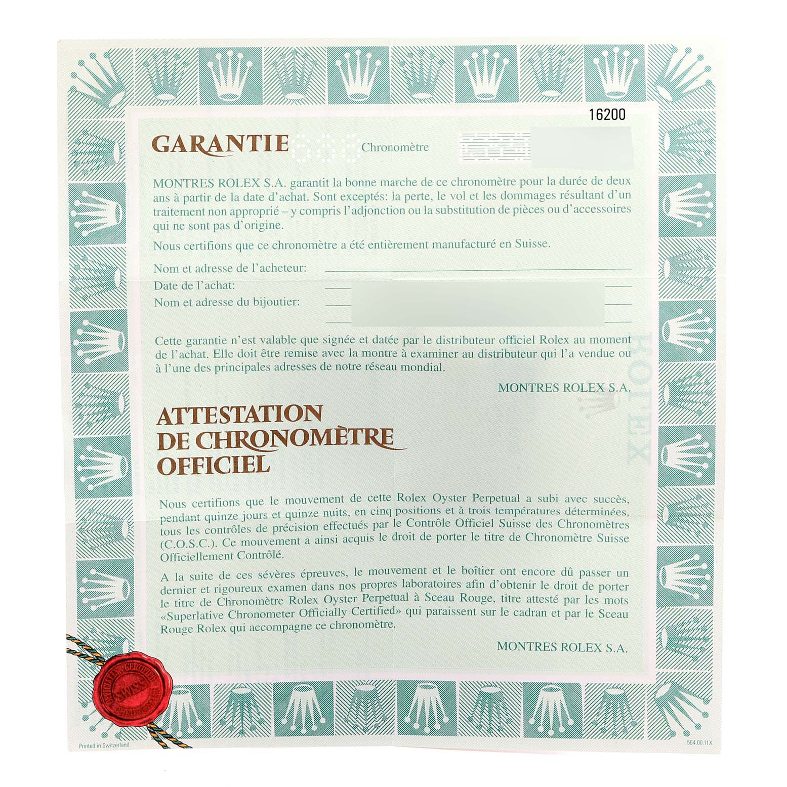 The image shows a warranty certificate for the Rolex Datejust 16200 Men
s Stainless Steel Grey Dial 16200 Men
s Stainless Steel Grey Dial watch model, highlighting guarantee and chronometer certification details.