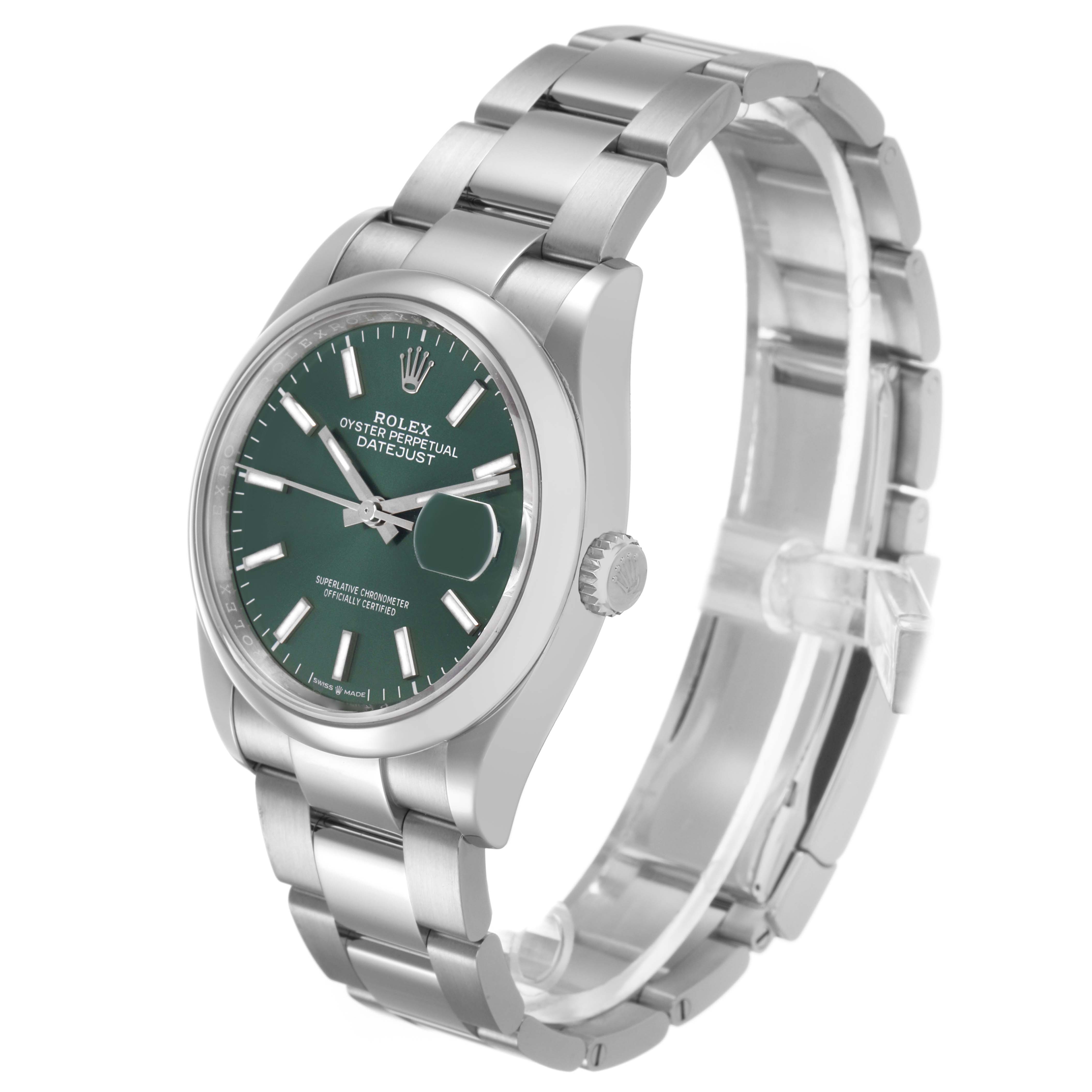 The Rolex Datejust 126200 Men's Stainless Steel Green Dial watch is shown at a three-quarter angle, featuring the dial, bezel, crown, and bracelet clearly.