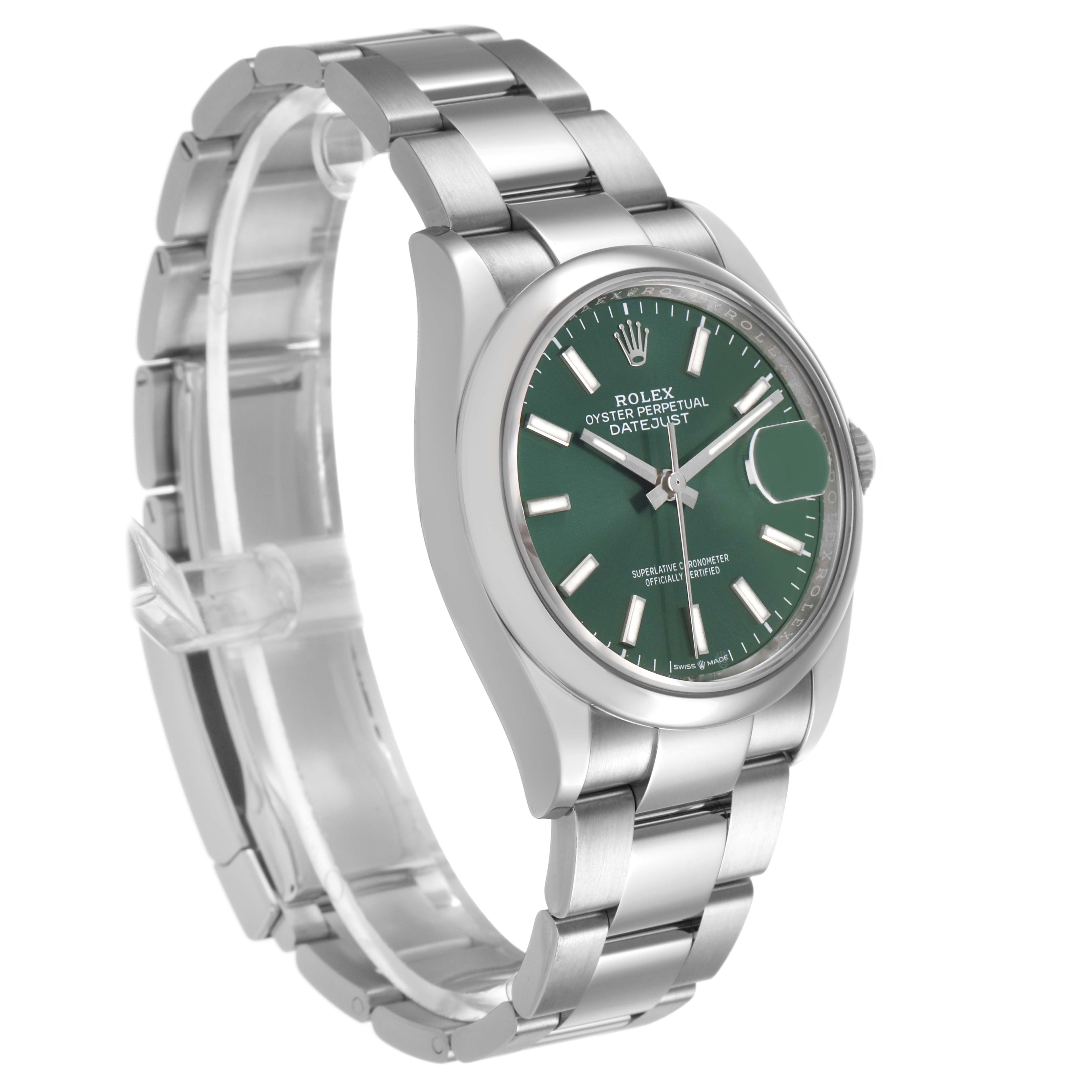 The Rolex Datejust 126200 Men's Stainless Steel Green Dial watch is shown at an angled side view, highlighting the face, bezel, and metal bracelet.