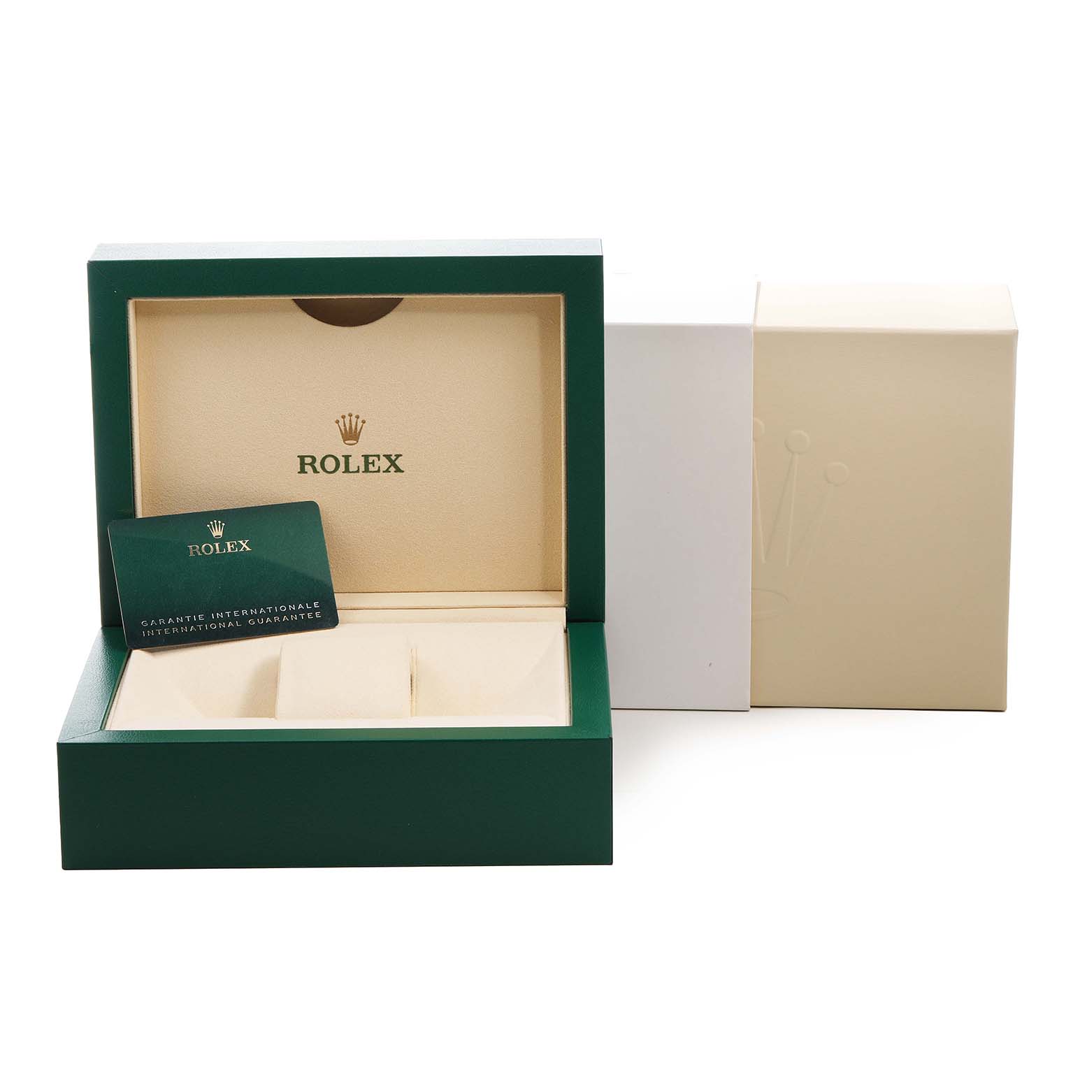 The image shows an open Rolex Datejust 126200 Men's Stainless Steel Green Dial watch box, guarantee card, and outer packaging from a frontal angle.