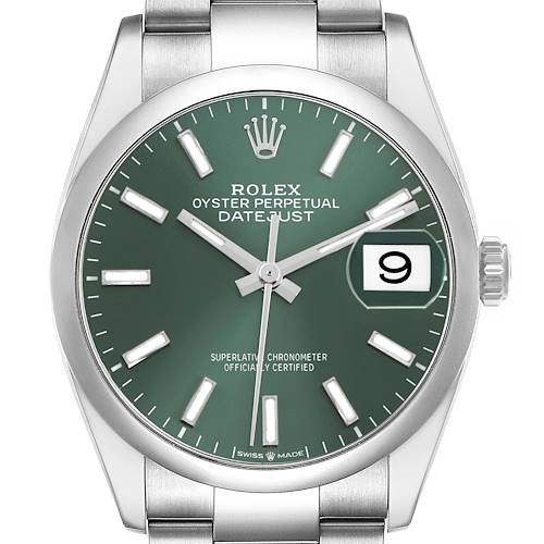 The Rolex Datejust 126200 Men's Stainless Steel Green Dial watch is shown from the front, highlighting its green dial, hour markers, hands, date window, and part of the bracelet.