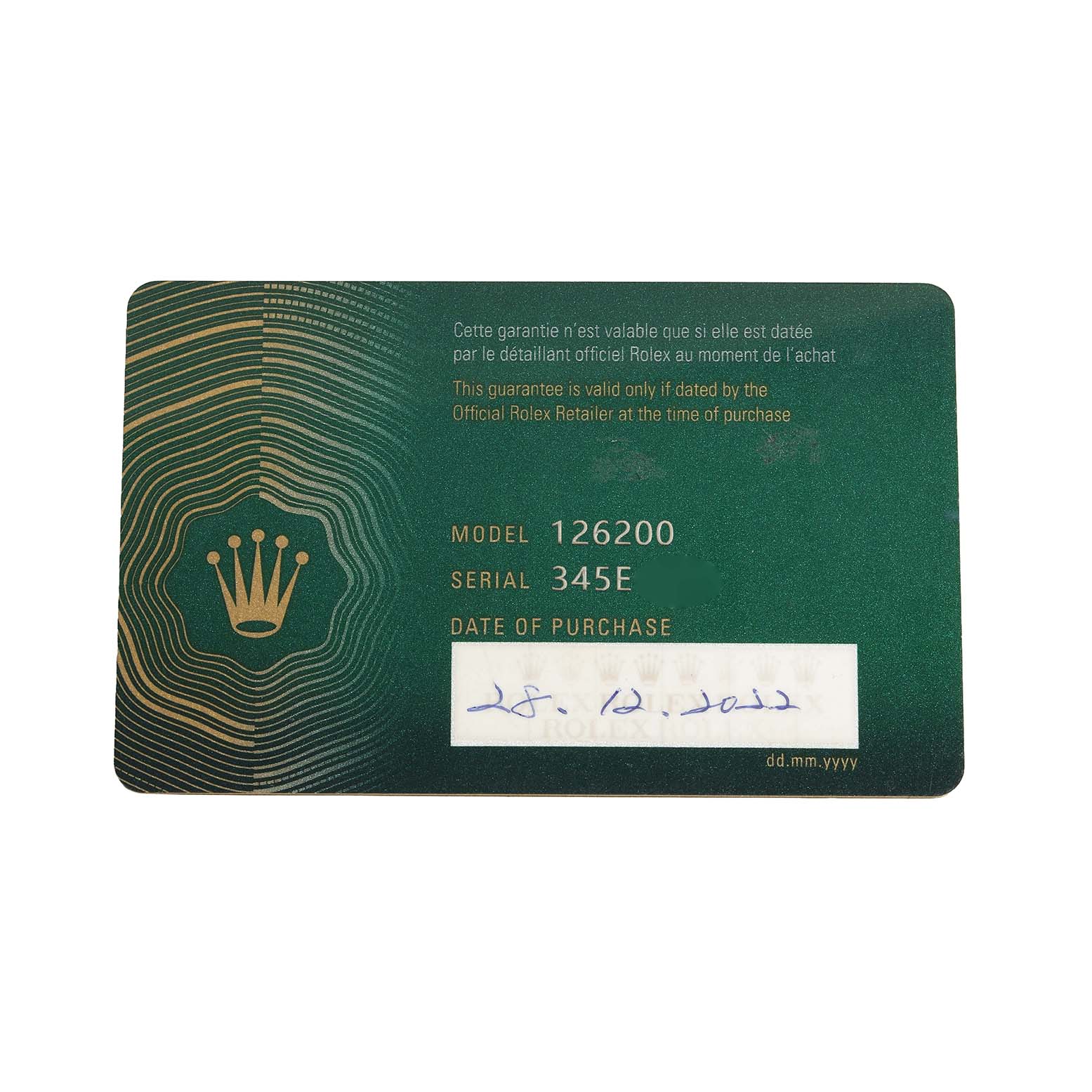The image shows a green warranty card for a Rolex Datejust 126200 Men's Stainless Steel Green Dial model, displaying model and serial numbers.