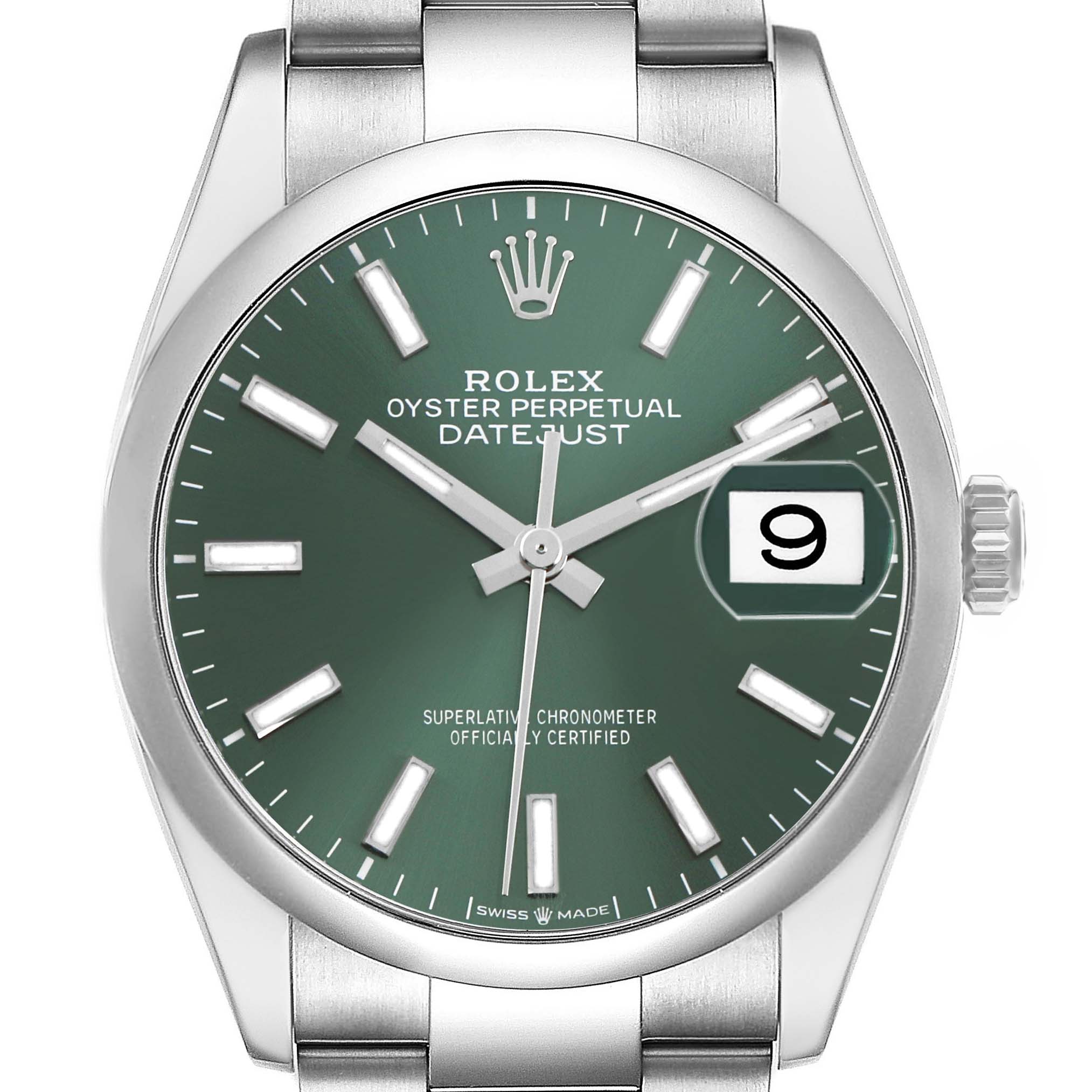 The Rolex Datejust 126200 Men's Stainless Steel Green Dial watch is shown from the front, displaying the dial, bezel, crown, and bracelet links.