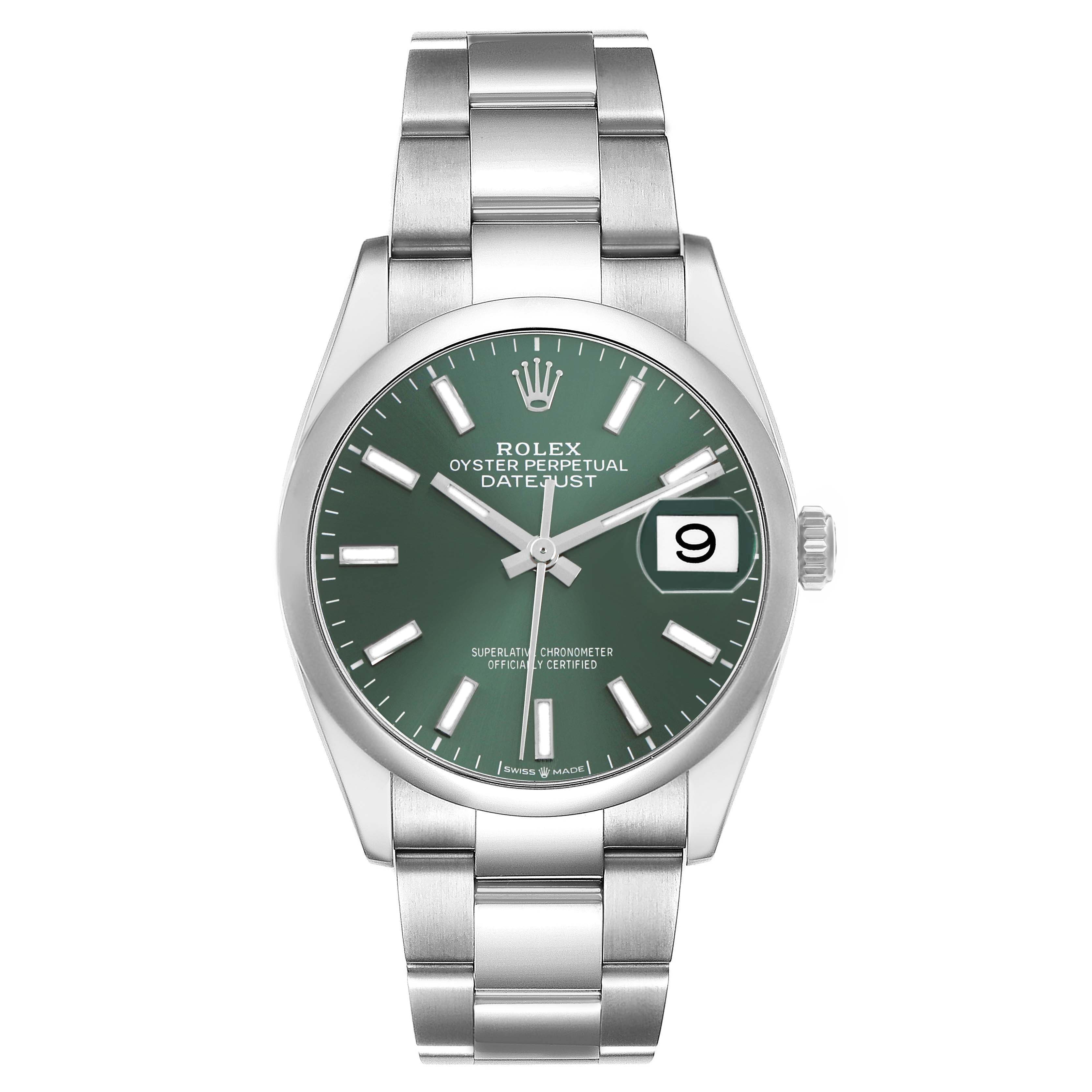 The Rolex Datejust 126200 Men's Stainless Steel Green Dial watch is shown from a front angle, displaying the green dial, date window, and stainless steel bracelet.