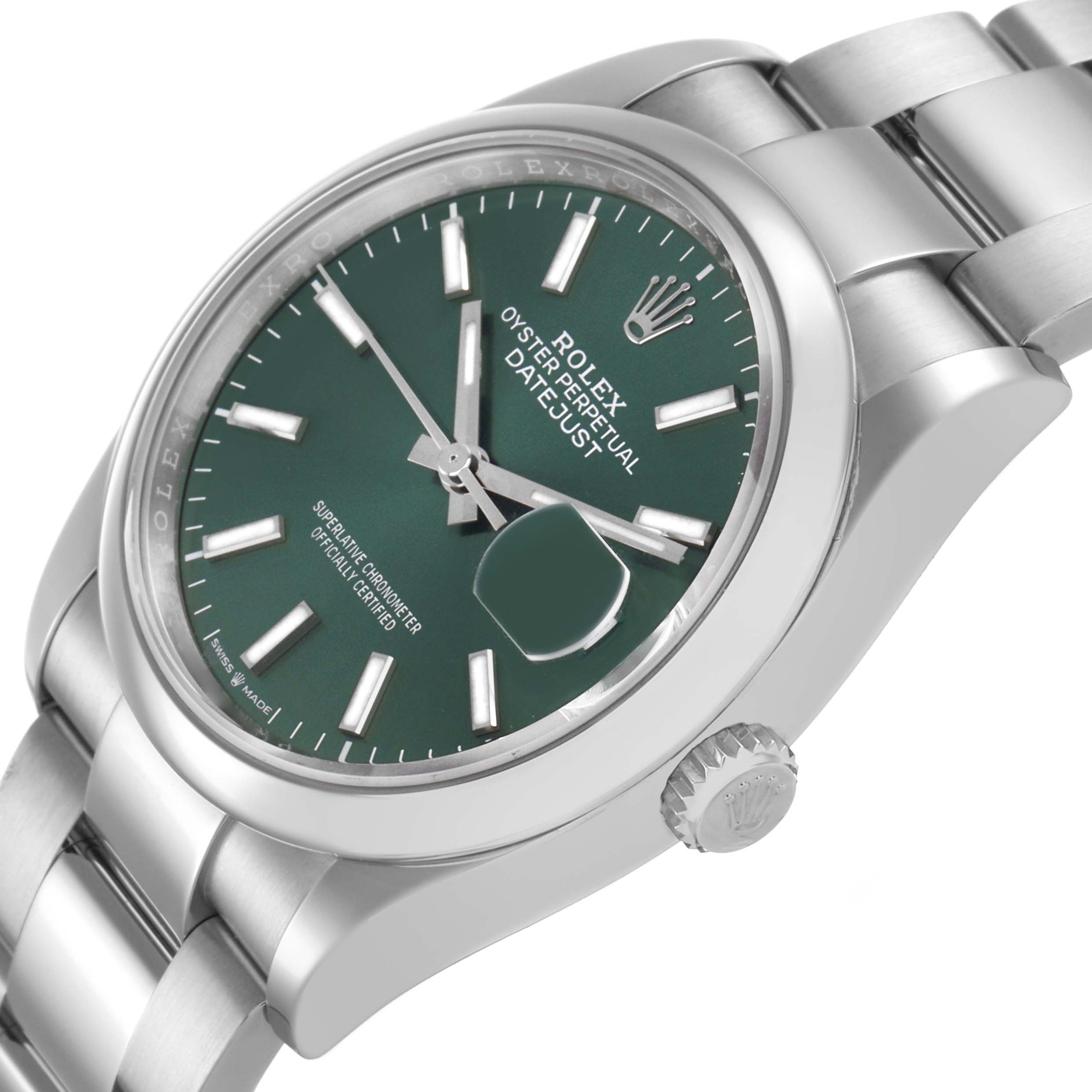The Rolex Datejust 126200 Men's Stainless Steel Green Dial watch is shown at a slight side angle, highlighting the green dial, bezel, crown, and bracelet.