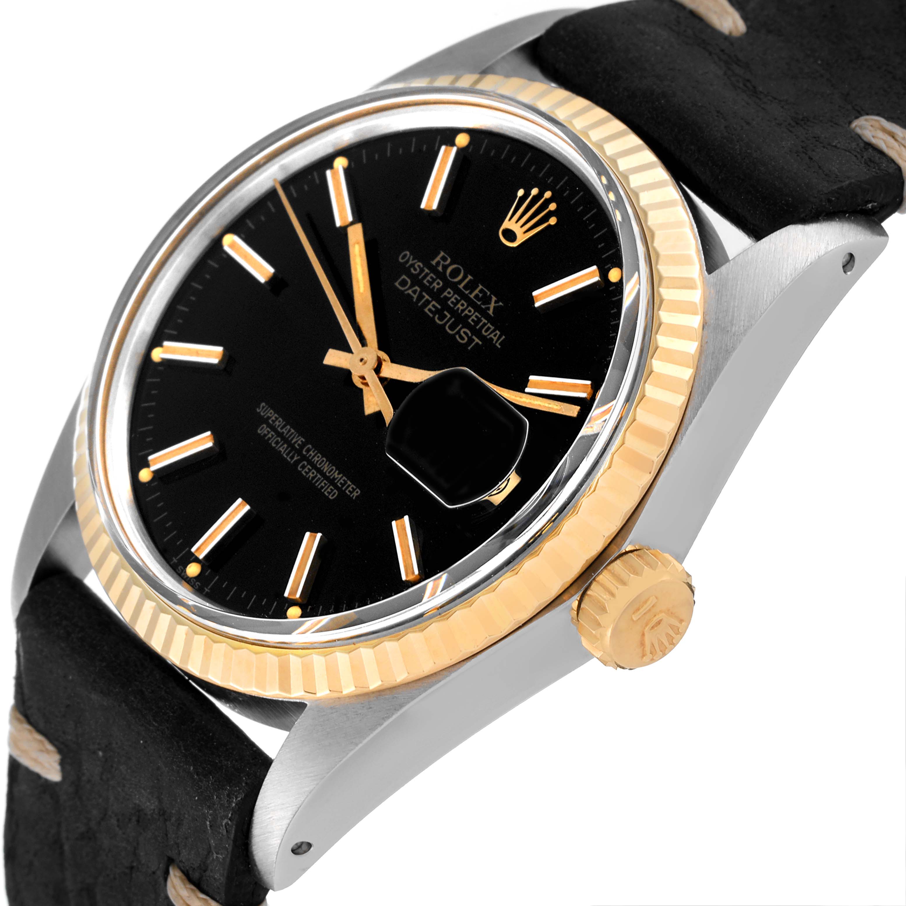 The image shows a close-up, angled view of the Rolex Vintage Collection 16013 Men's Steel and Gold (two tone) Black Dial 16013 Men's Steel and Gold (two tone) Black Dial Datejust watch, highlighting the dial, bezel, and crown.