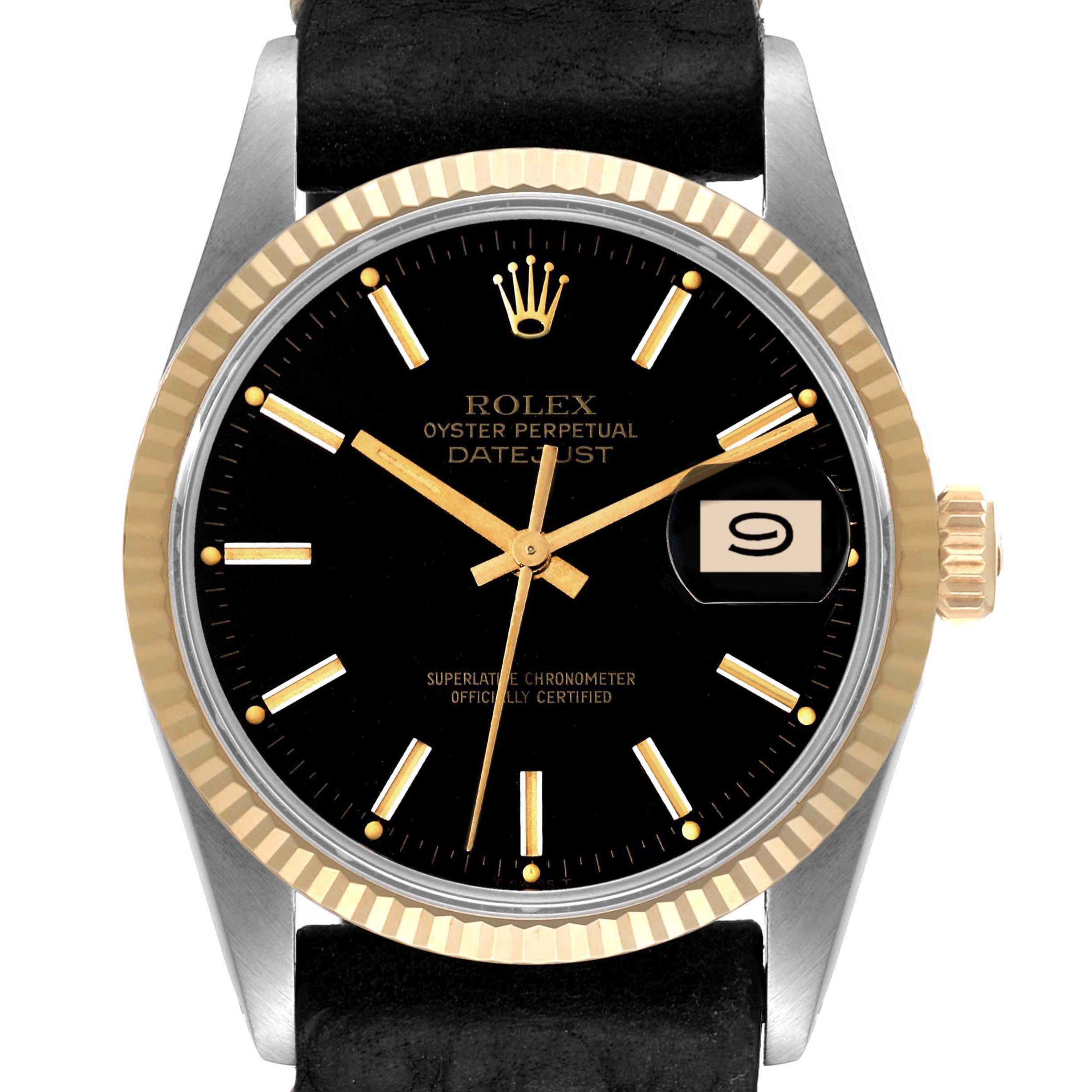 The image shows a close-up of the Rolex Vintage Collection 16013 Men's Steel and Gold (two tone) Black Dial 16013 Men's Steel and Gold (two tone) Black Dial model watch, highlighting its black dial, gold markers and hands, date display, and black strap.