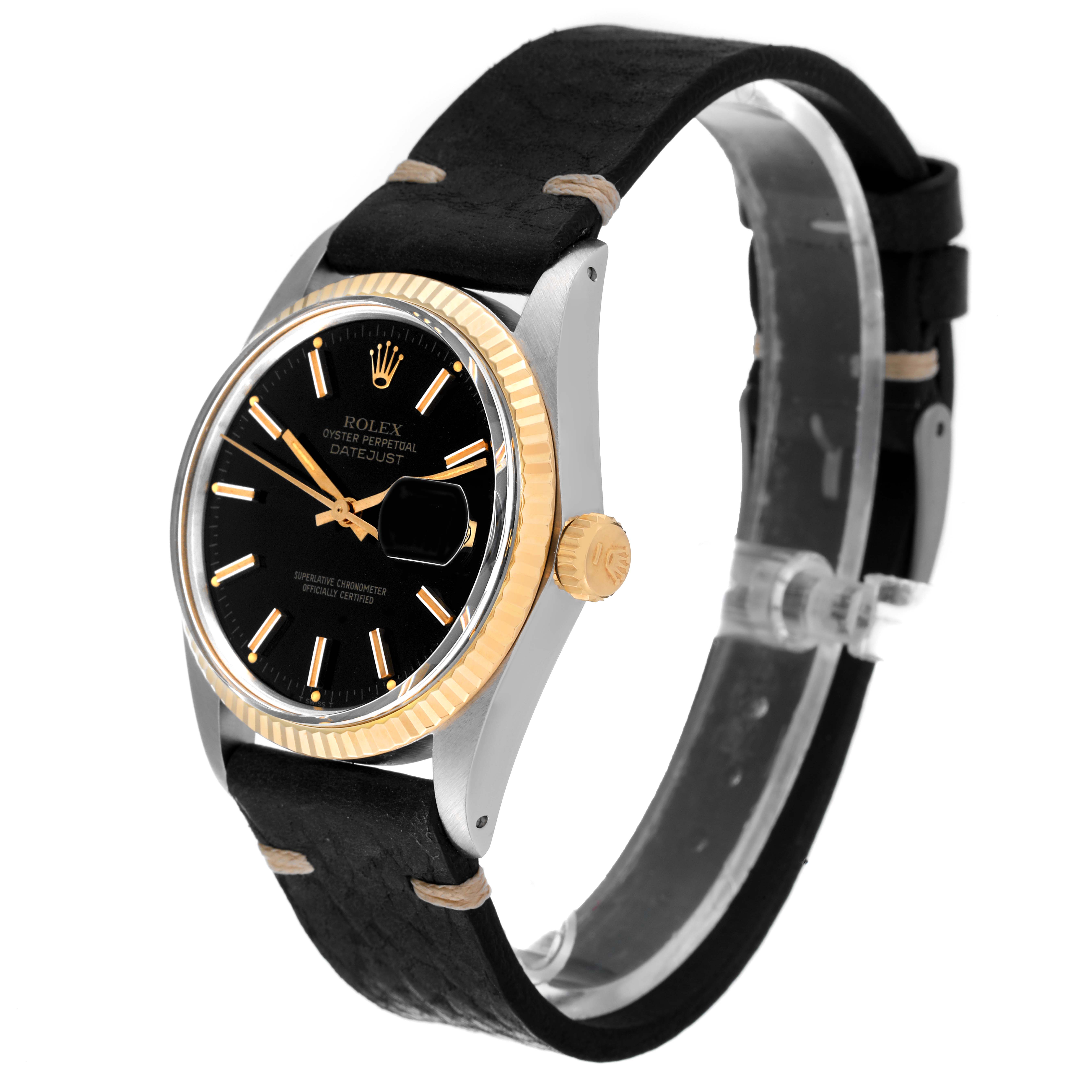 The Rolex Vintage Collection 16013 Men's Steel and Gold (two tone) Black Dial 16013 Men's Steel and Gold (two tone) Black Dial watch is shown at a three-quarter angle, highlighting its black dial, gold bezel, crown, and leather strap.