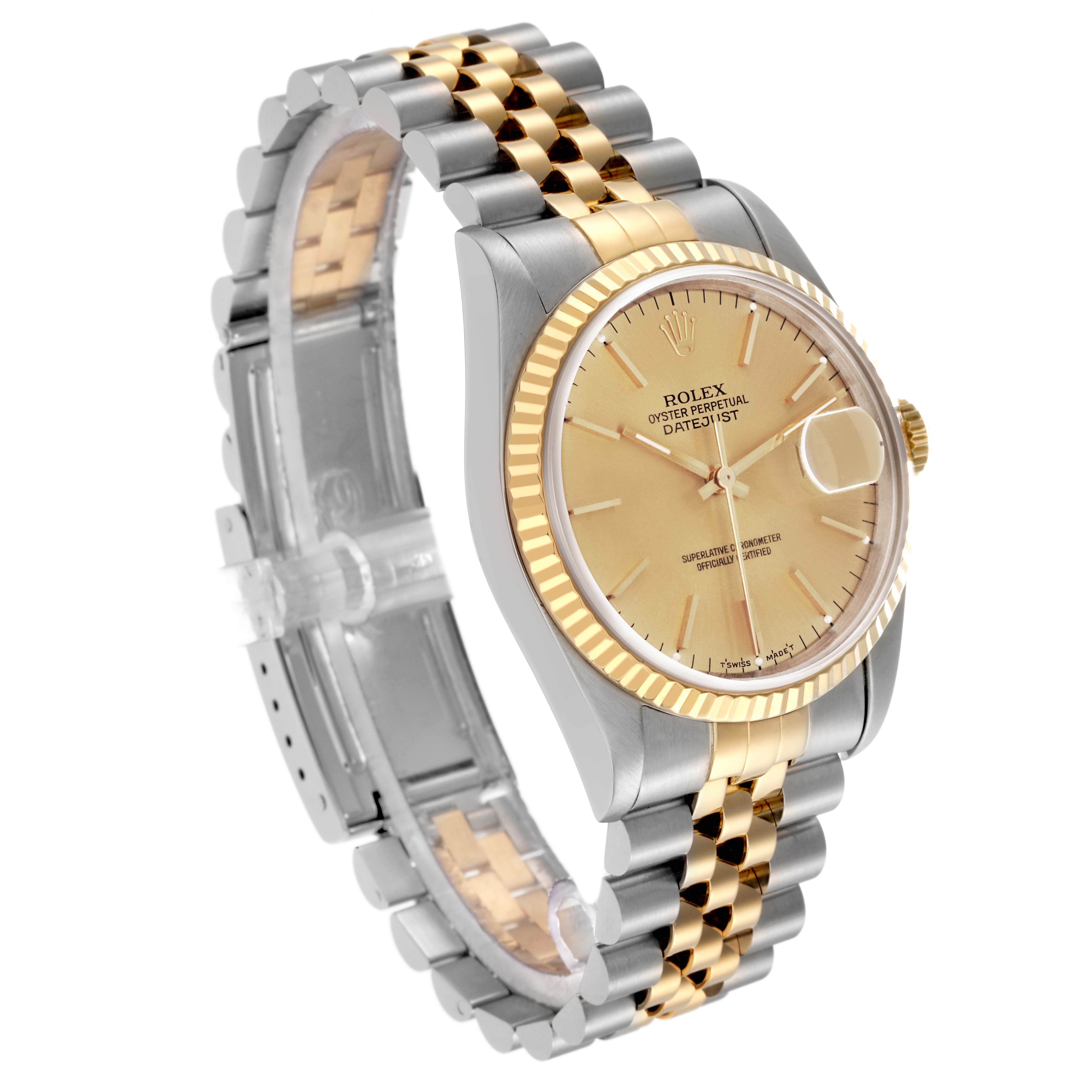 The Rolex Datejust 16233 Men
s Steel and Gold (two tone) Champagne Dial watch is shown at a slight angle, highlighting the face, fluted bezel, and two-tone Jubilee bracelet.