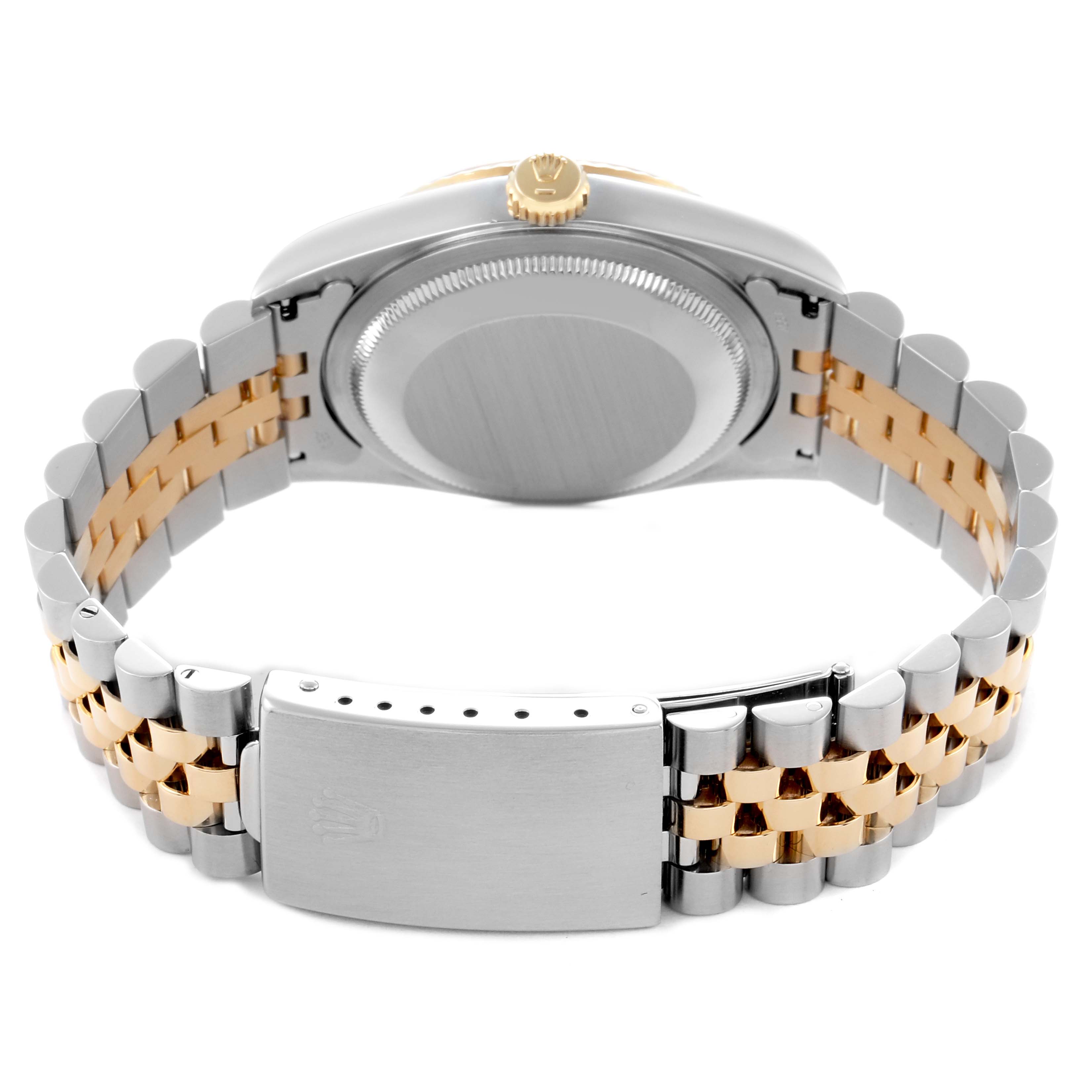 The image shows the back view of a Rolex Datejust 16233 Men
s Steel and Gold (two tone) Champagne Dial watch, highlighting the bracelet and clasp.