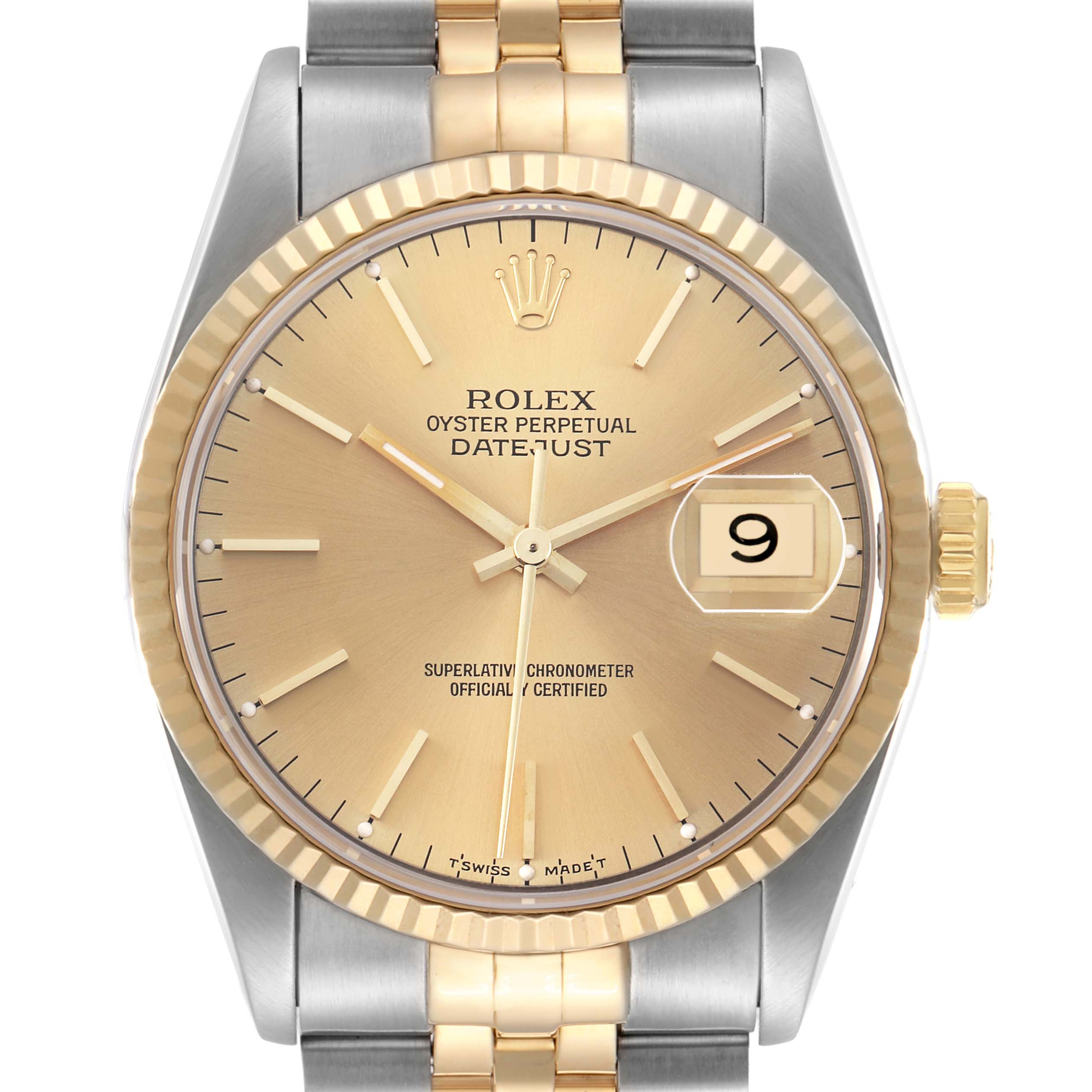 The Rolex Datejust 16233 Men
s Steel and Gold (two tone) Champagne Dial watch is shown from the front, highlighting the dial, bezel, and part of the bracelet.