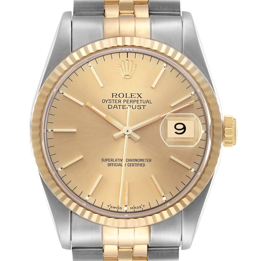 The Rolex Datejust model 16233 is shown from a frontal angle, highlighting its gold dial, fluted bezel, and jubilee bracelet.