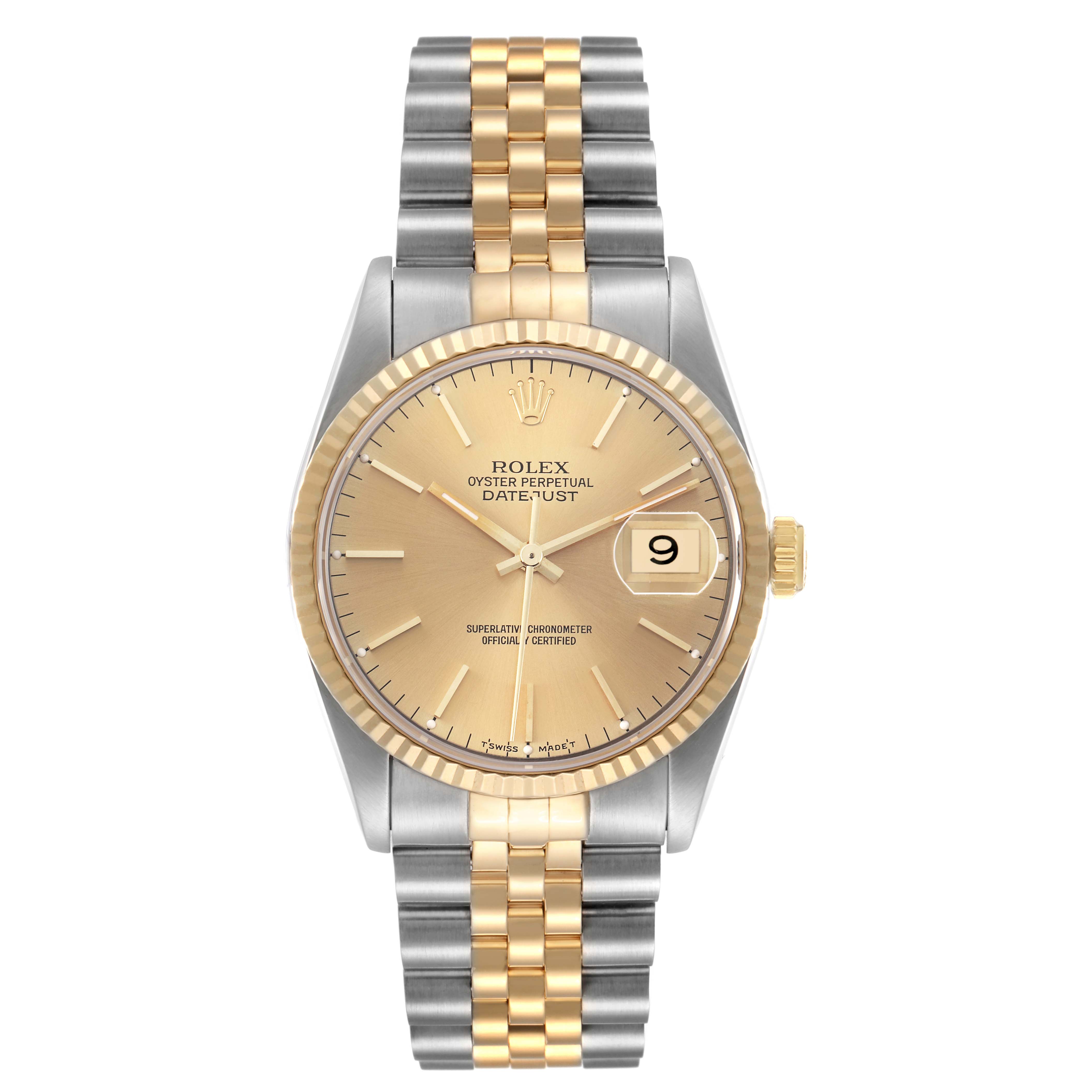 The Rolex Datejust 16233 Men
s Steel and Gold (two tone) Champagne Dial watch is shown from the front, highlighting its face, jubilee bracelet, and date feature.