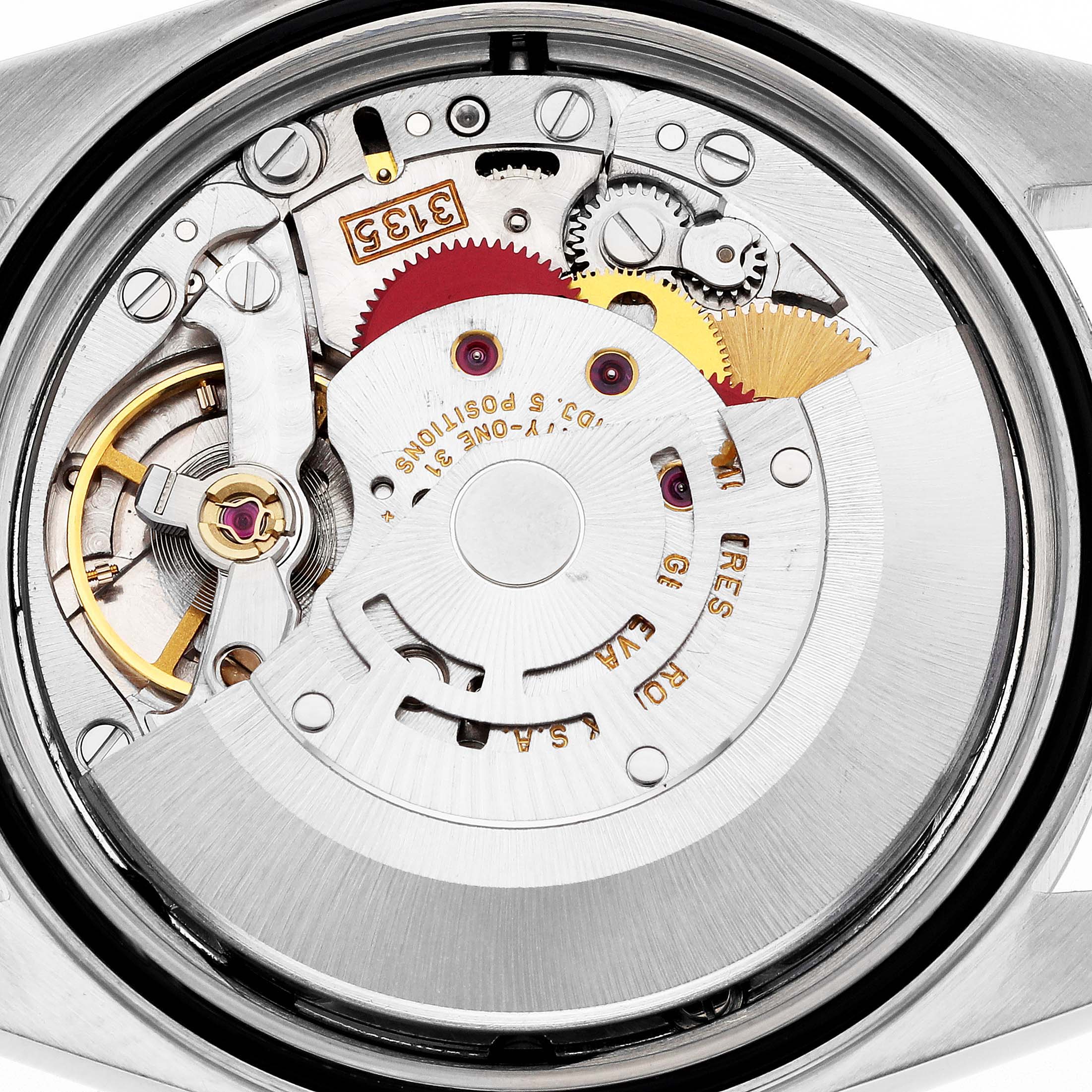The image shows the movement of a Rolex Datejust 16233 Men
s Steel and Gold (two tone) Champagne Dial watch from a back view, highlighting its intricate gears and components.