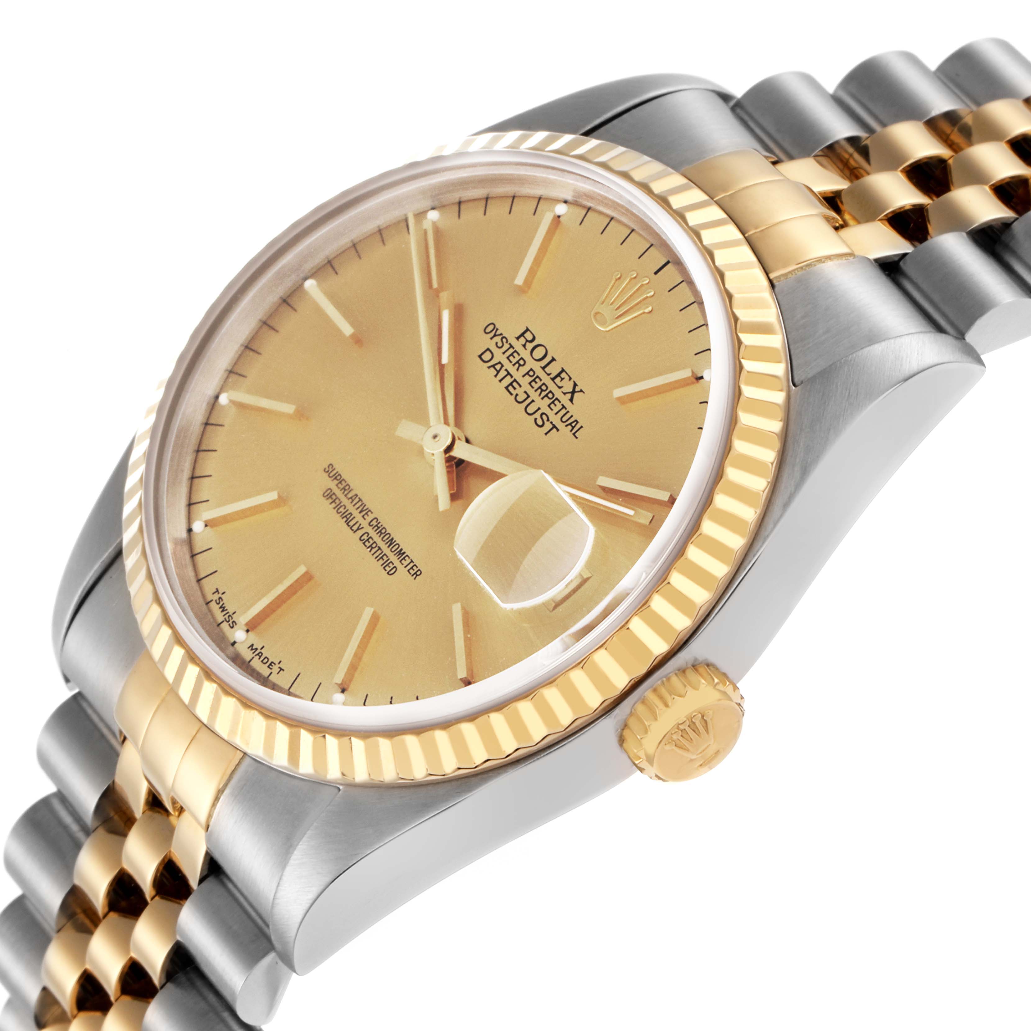 The Rolex Datejust 16233 Men
s Steel and Gold (two tone) Champagne Dial watch is shown from a side angle highlighting the bezel, dial, crown, and parts of the bracelet.