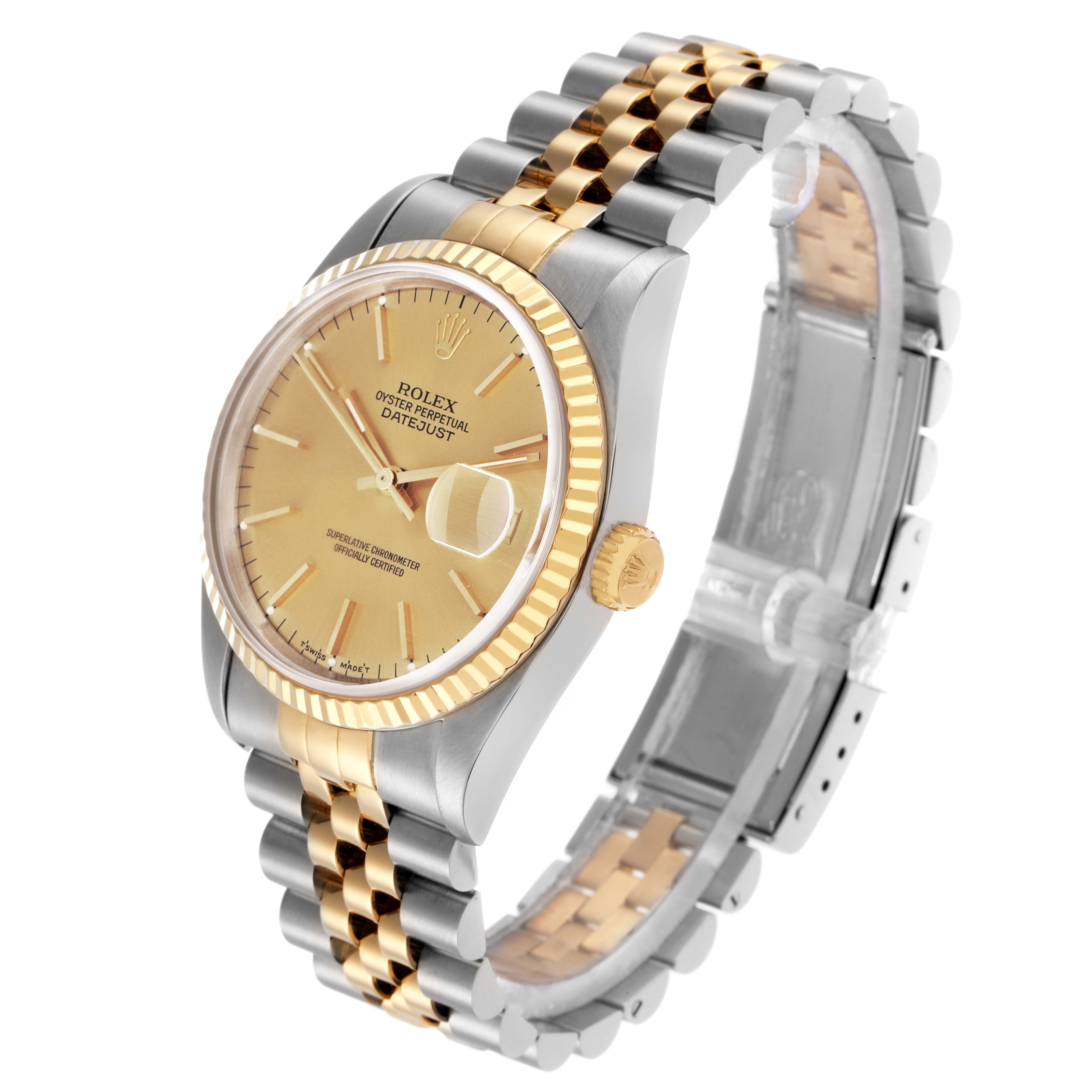 The Rolex Datejust 16233 Men
s Steel and Gold (two tone) Champagne Dial watch is shown at an angled side view, highlighting its gold dial, fluted bezel, and two-tone jubilee bracelet.
