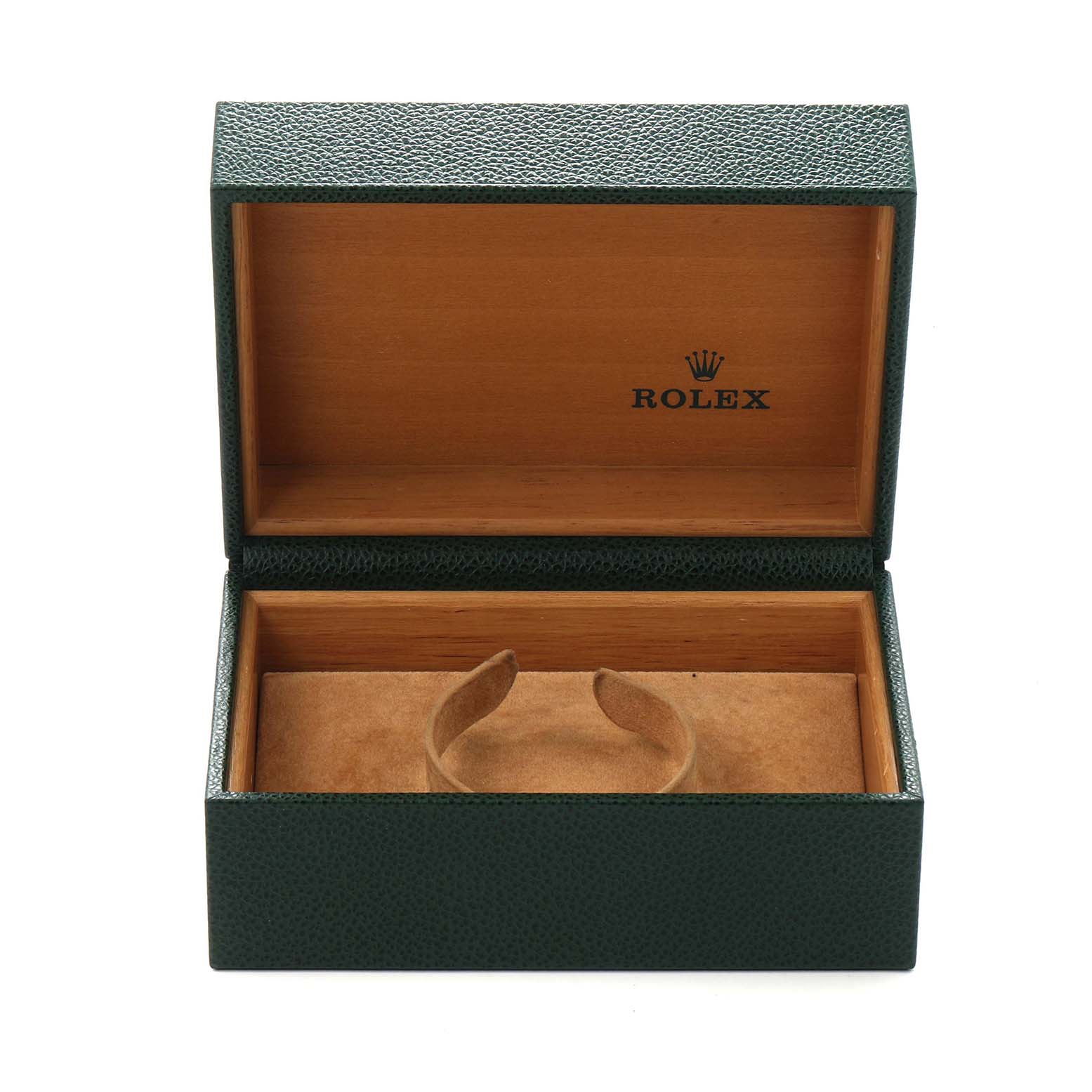The image shows an open Rolex Datejust 16233 Men
s Steel and Gold (two tone) Champagne Dial watch box with a tan interior and the Rolex logo on the inside lid.