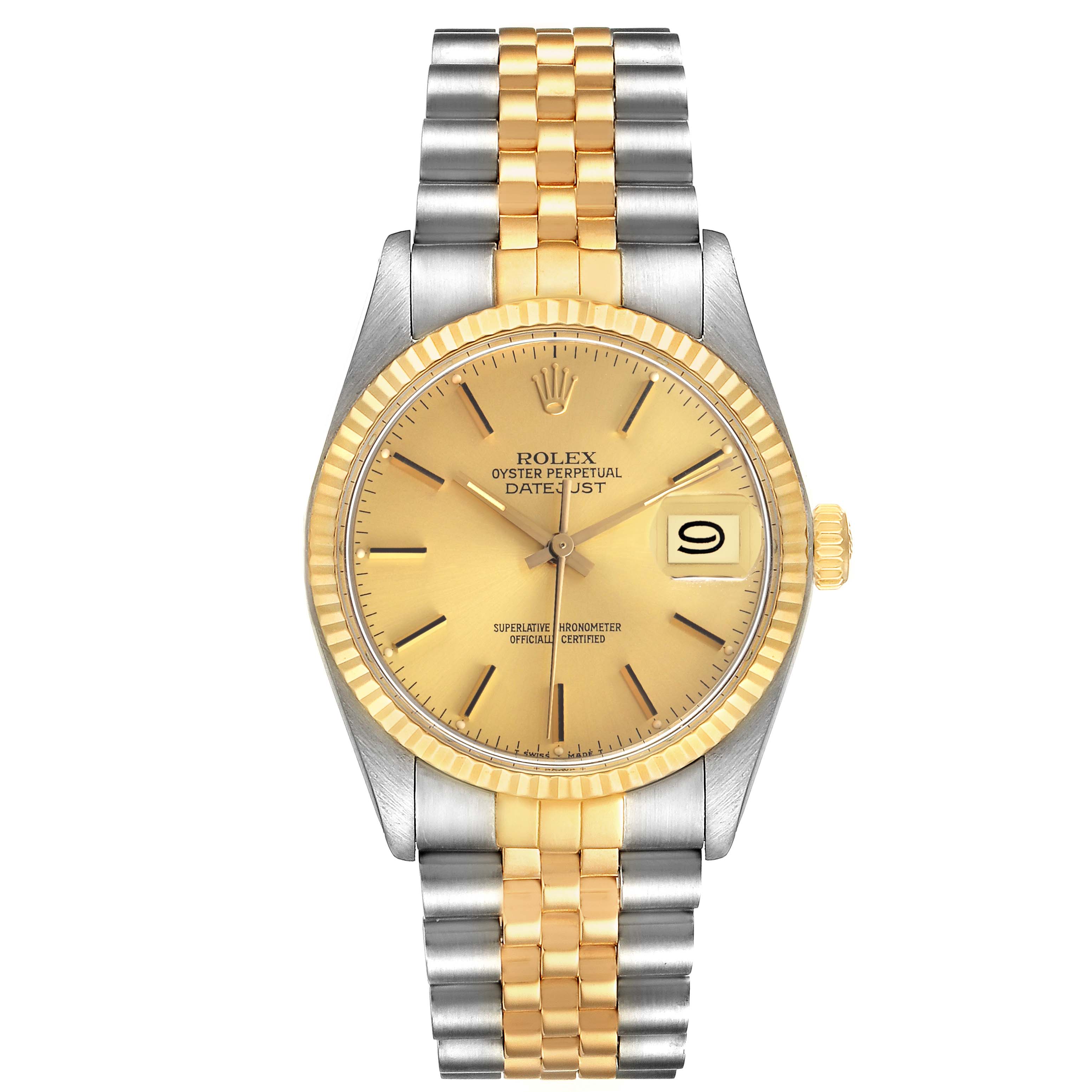 The Rolex Datejust 16013 Men's Steel and Gold (two tone) Champagne Dial is shown from the front, displaying its two-tone bracelet, gold fluted bezel, and champagne dial with date window.