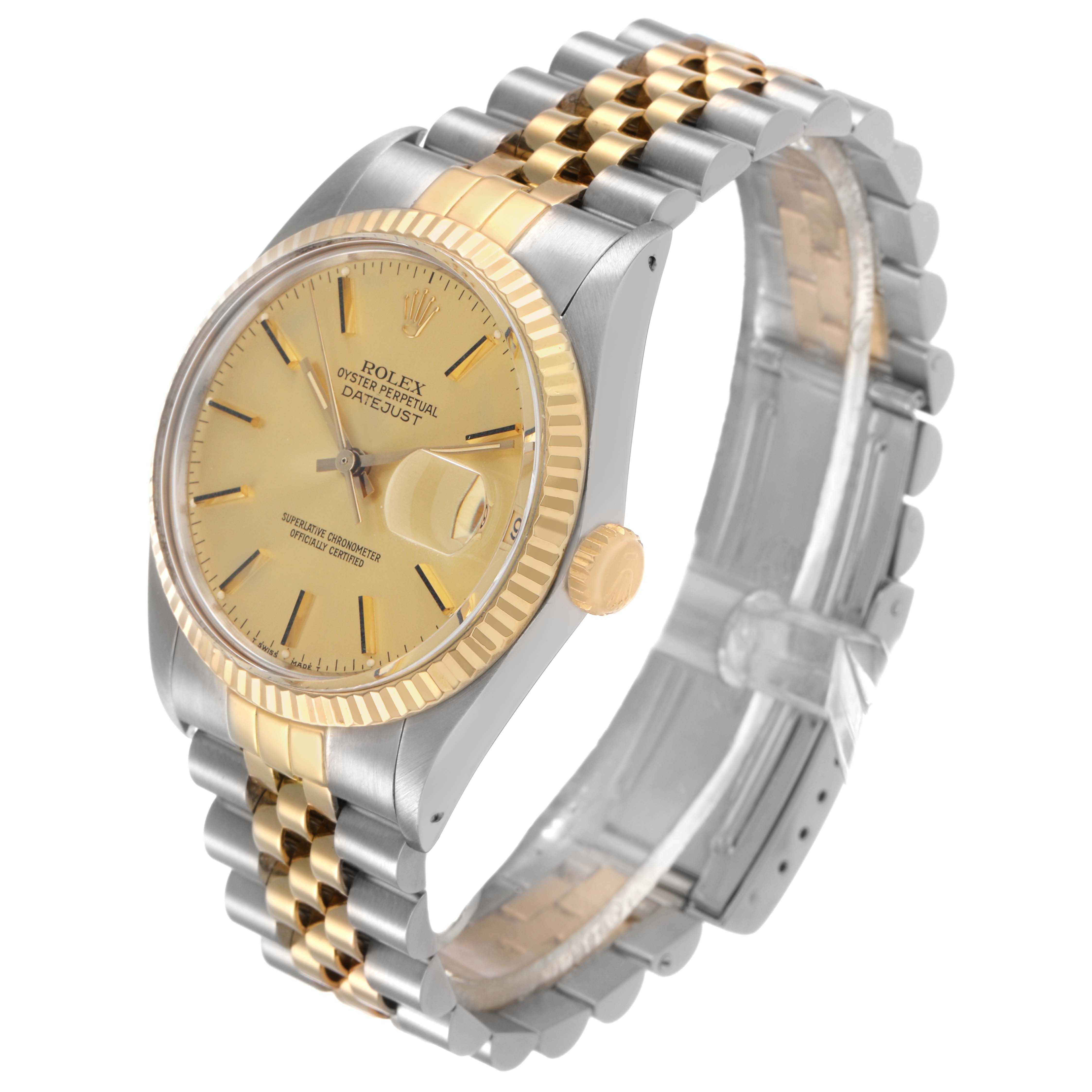 The Rolex Datejust 16013 Men's Steel and Gold (two tone) Champagne Dial watch is shown at a three-quarter angle, highlighting the dial, fluted bezel, two-tone bracelet, and crown.