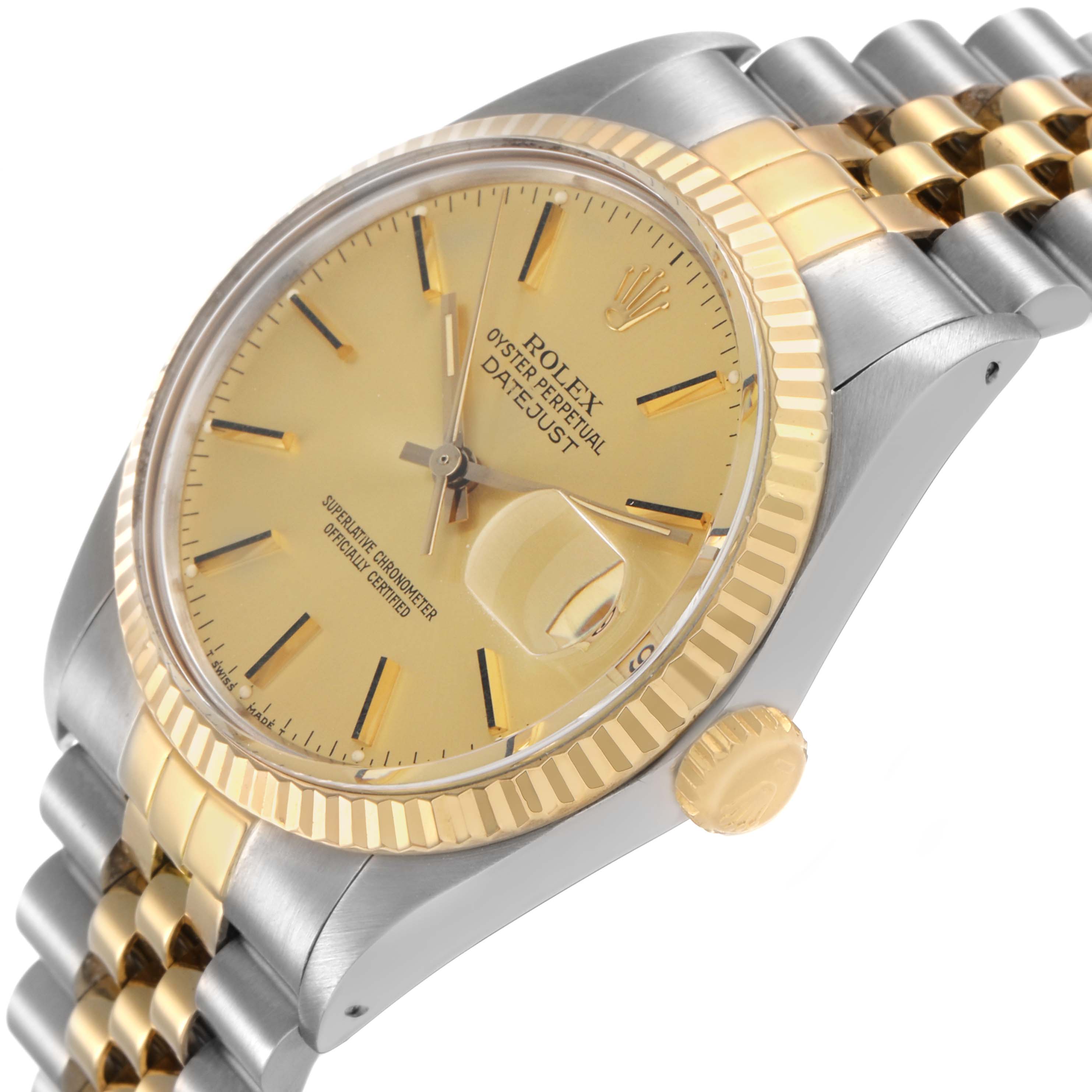 The Rolex Datejust 16013 Men's Steel and Gold (two tone) Champagne Dial watch is shown at a slight angle, highlighting the dial, fluted bezel, and part of the bracelet.