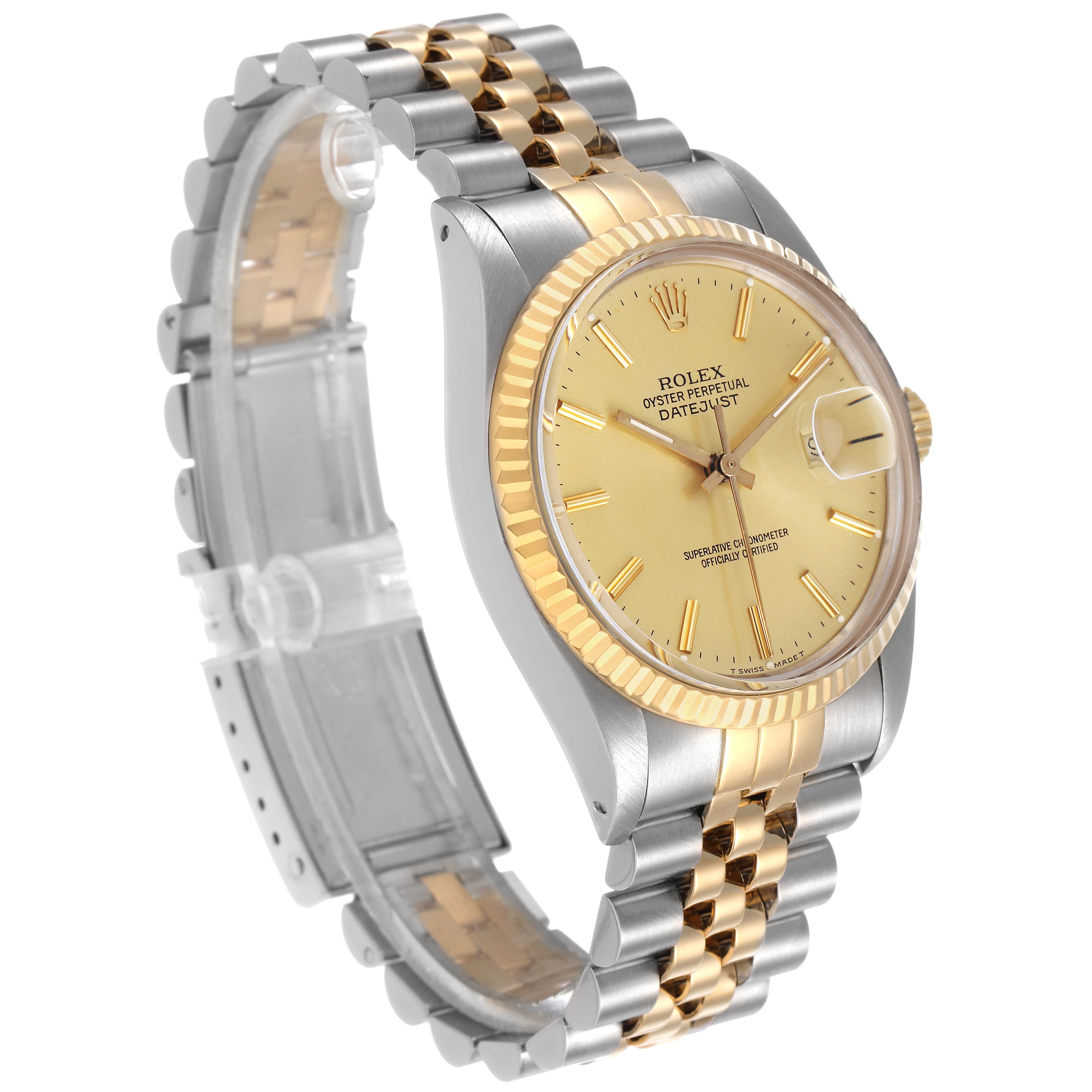 The image shows a Rolex Datejust 16013 Men's Steel and Gold (two tone) Champagne Dial watch angled from the front-left, highlighting the bracelet, bezel, and dial.