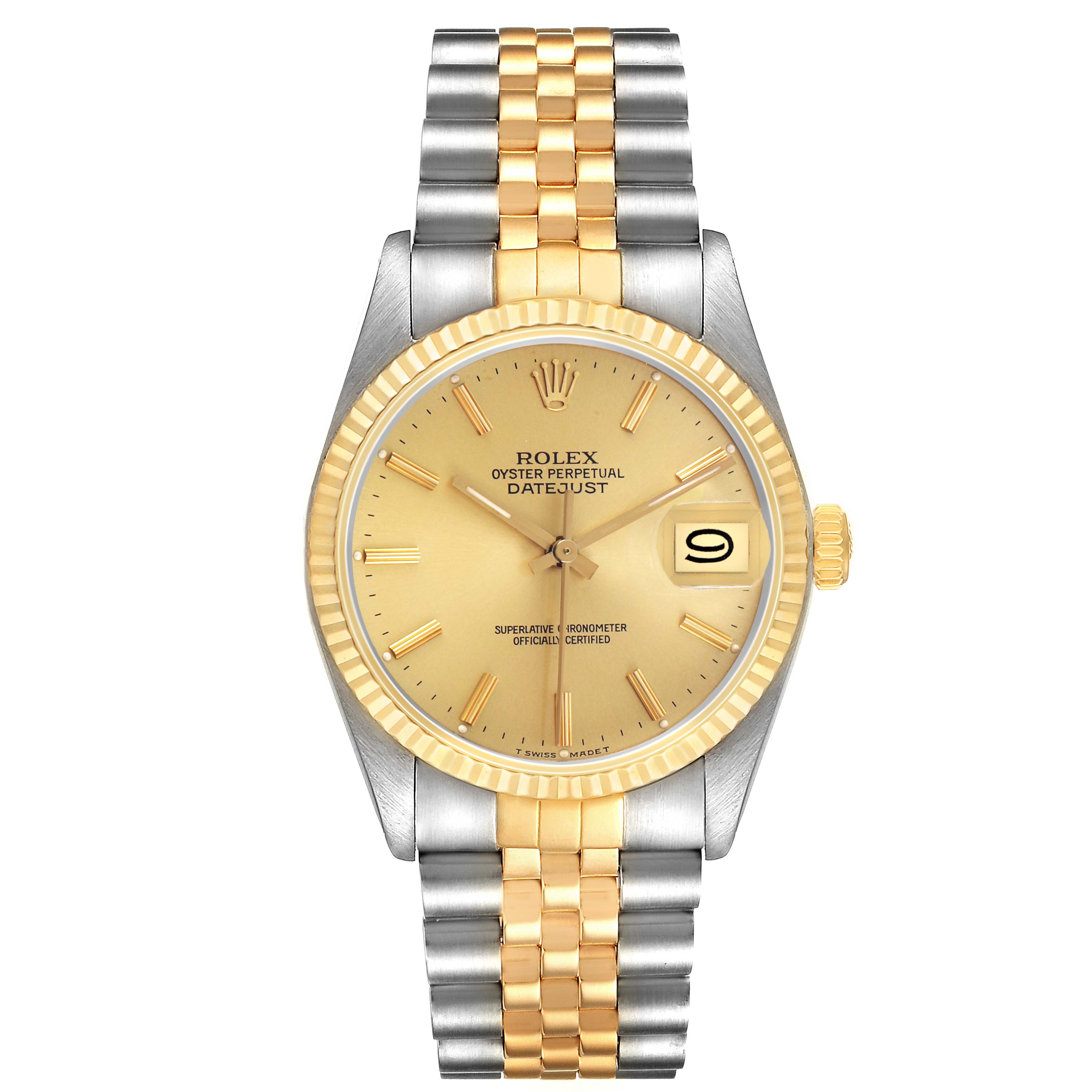 The Rolex Datejust 16013 Men's Steel and Gold (two tone) Champagne Dial watch is shown from the front, displaying its gold dial, fluted bezel, and two-tone bracelet.