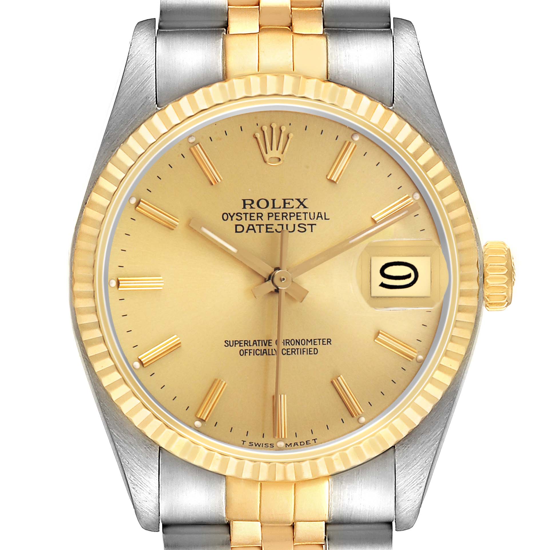 The Rolex Datejust 16013 Men's Steel and Gold (two tone) Champagne Dial watch is shown from a front angle, displaying its gold dial, fluted bezel, and two-tone bracelet.