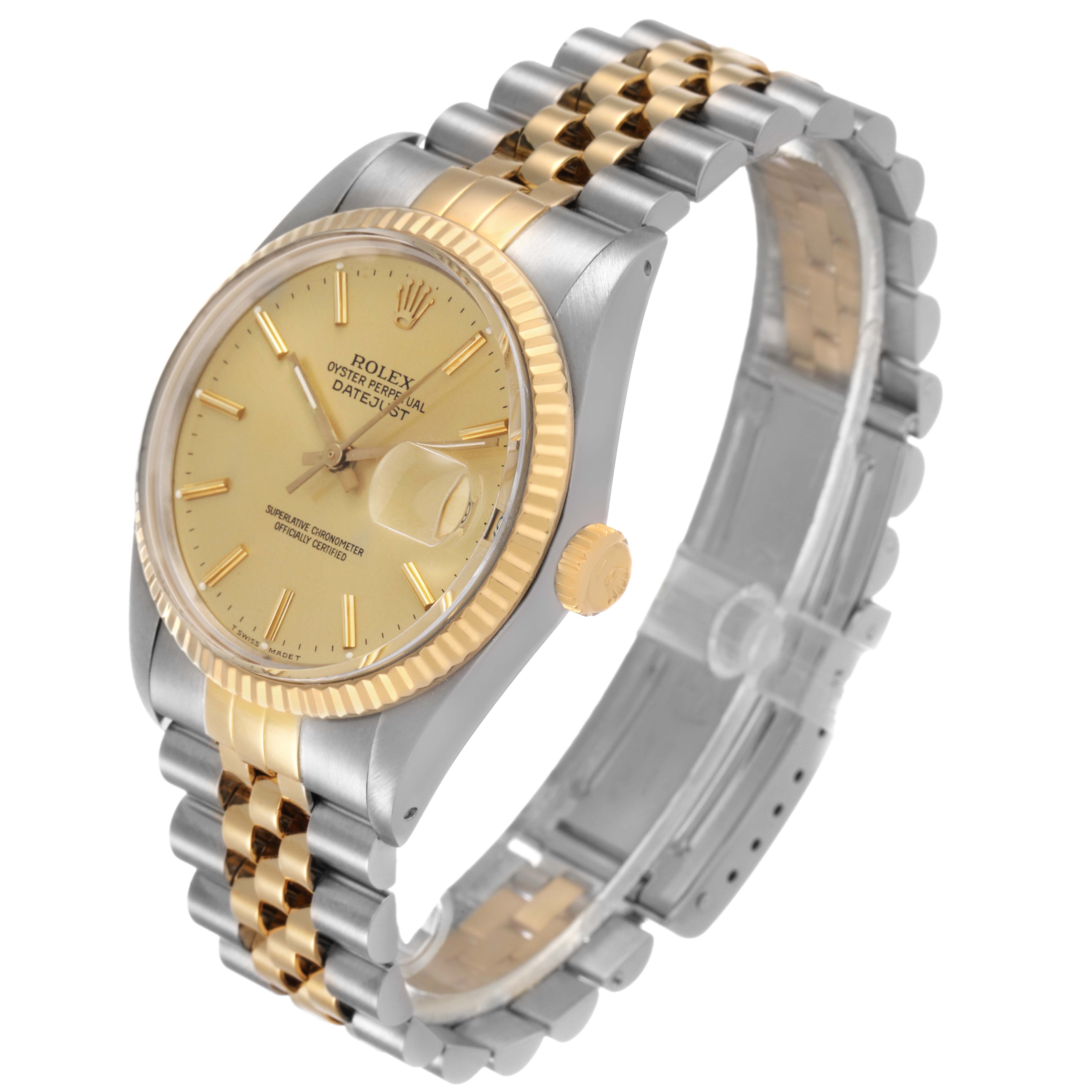 The Rolex Datejust 16013 Men's Steel and Gold (two tone) Champagne Dial watch is shown at a three-quarter angle, highlighting the face, bezel, crown, and bracelet.