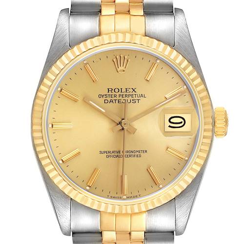 The Rolex Datejust 16013 Men's Steel and Gold (two tone) Champagne Dial watch is shown from the front, featuring its dial, bezel, hands, crown, and part of the two-tone bracelet.