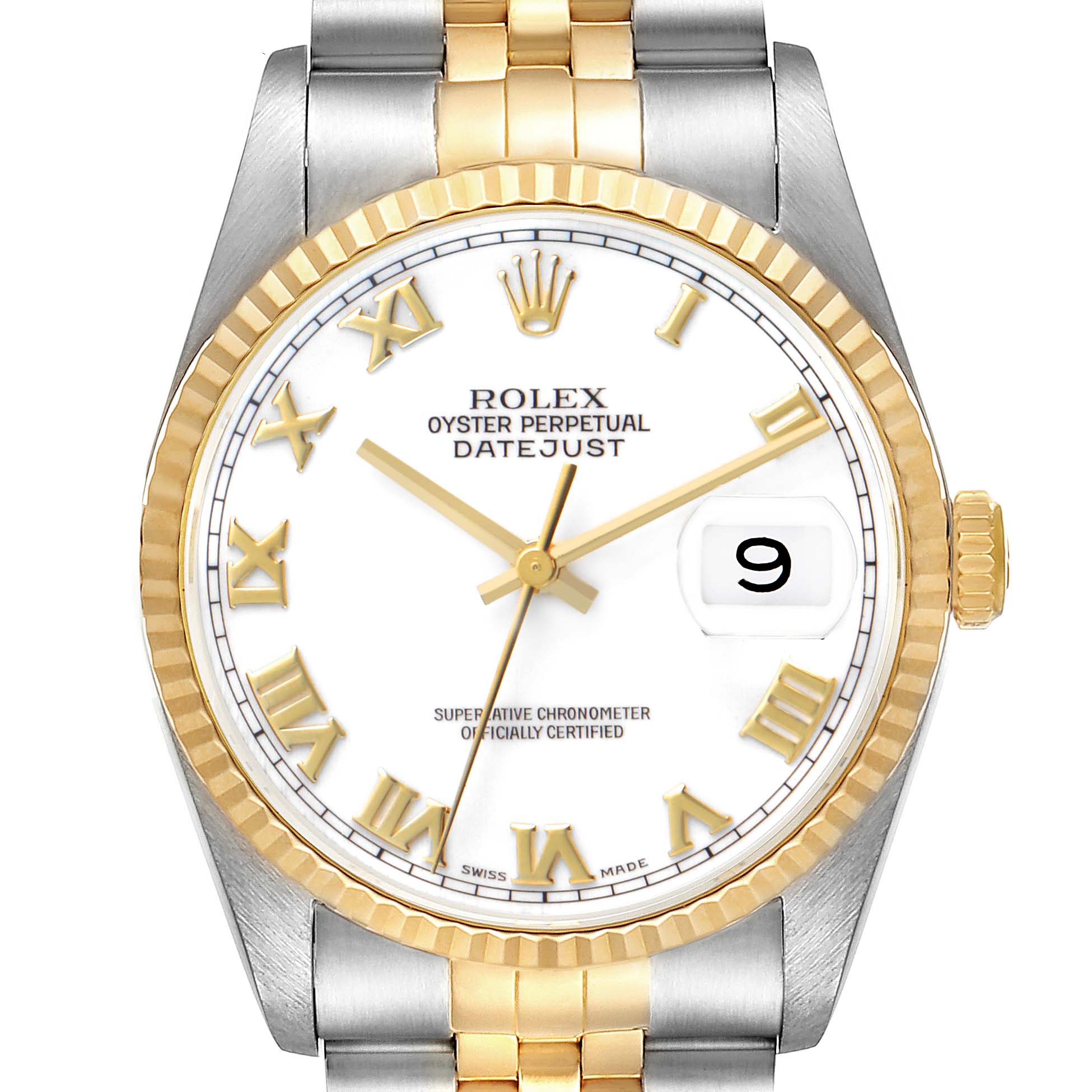 The image shows a front view of the Rolex Datejust 16233 Men's Steel and Gold (two tone) White Dial watch, highlighting the dial, bezel, crown, and part of the bracelet.