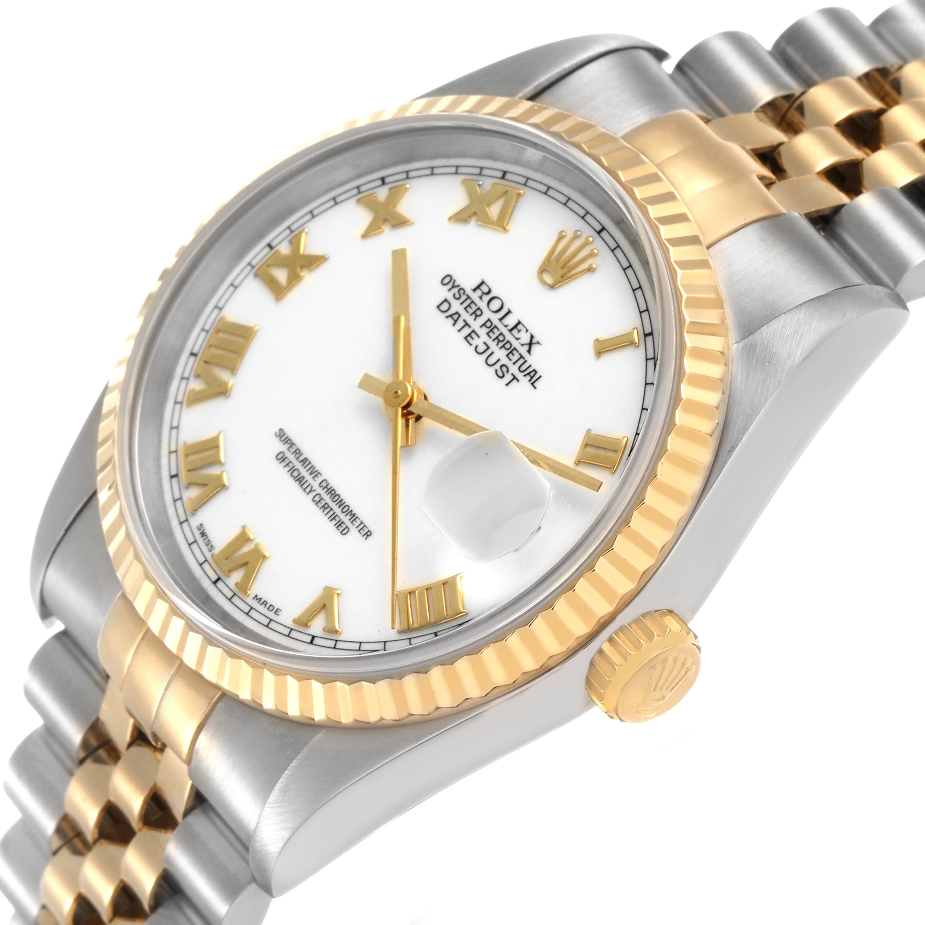 The Rolex Datejust 16233 Men's Steel and Gold (two tone) White Dial watch is shown at a slight side angle, highlighting the bezel, dial, and part of the bracelet.