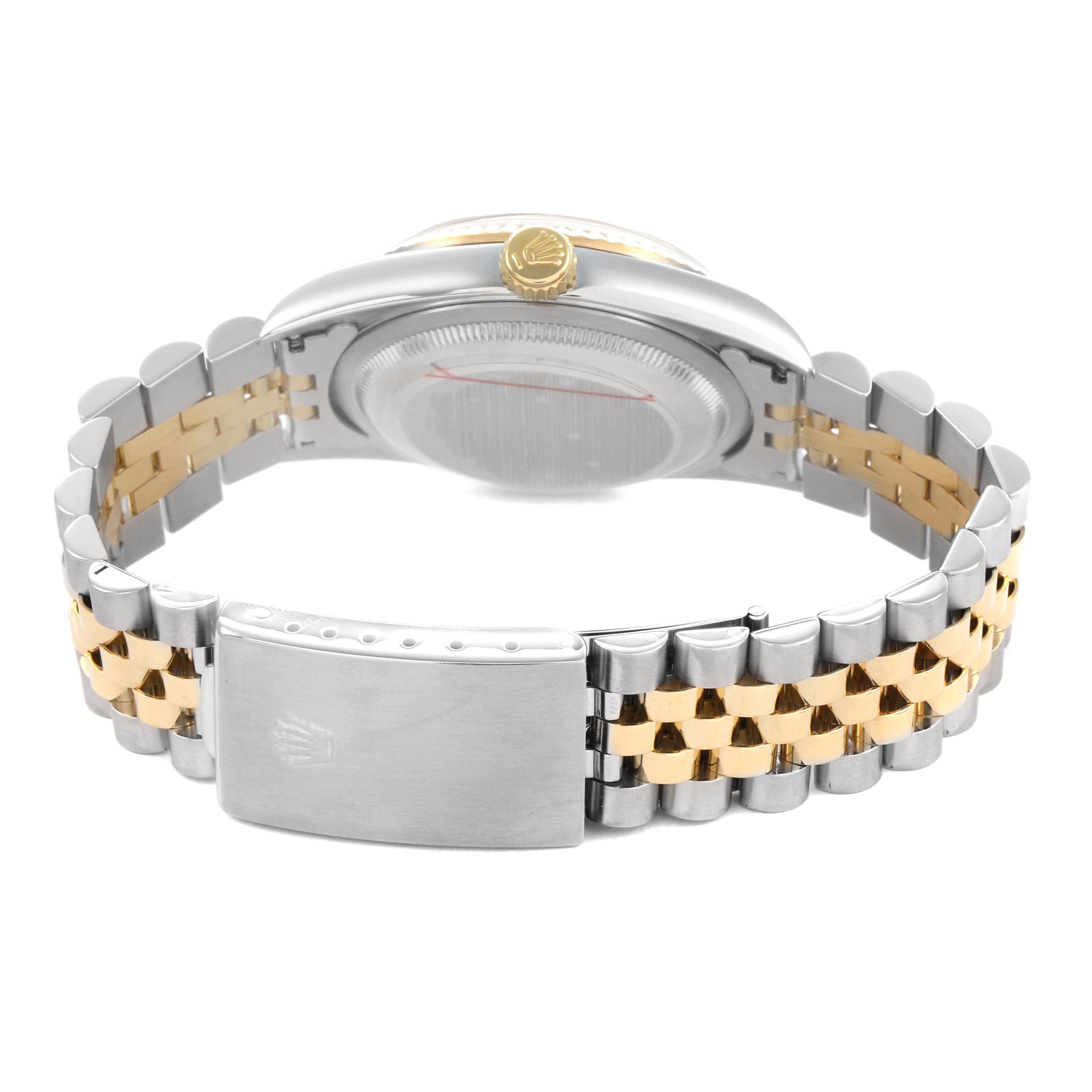 The image shows the back and clasp of the Rolex Datejust 16233 Men's Steel and Gold (two tone) White Dial watch, highlighting the two-tone bracelet and crown.