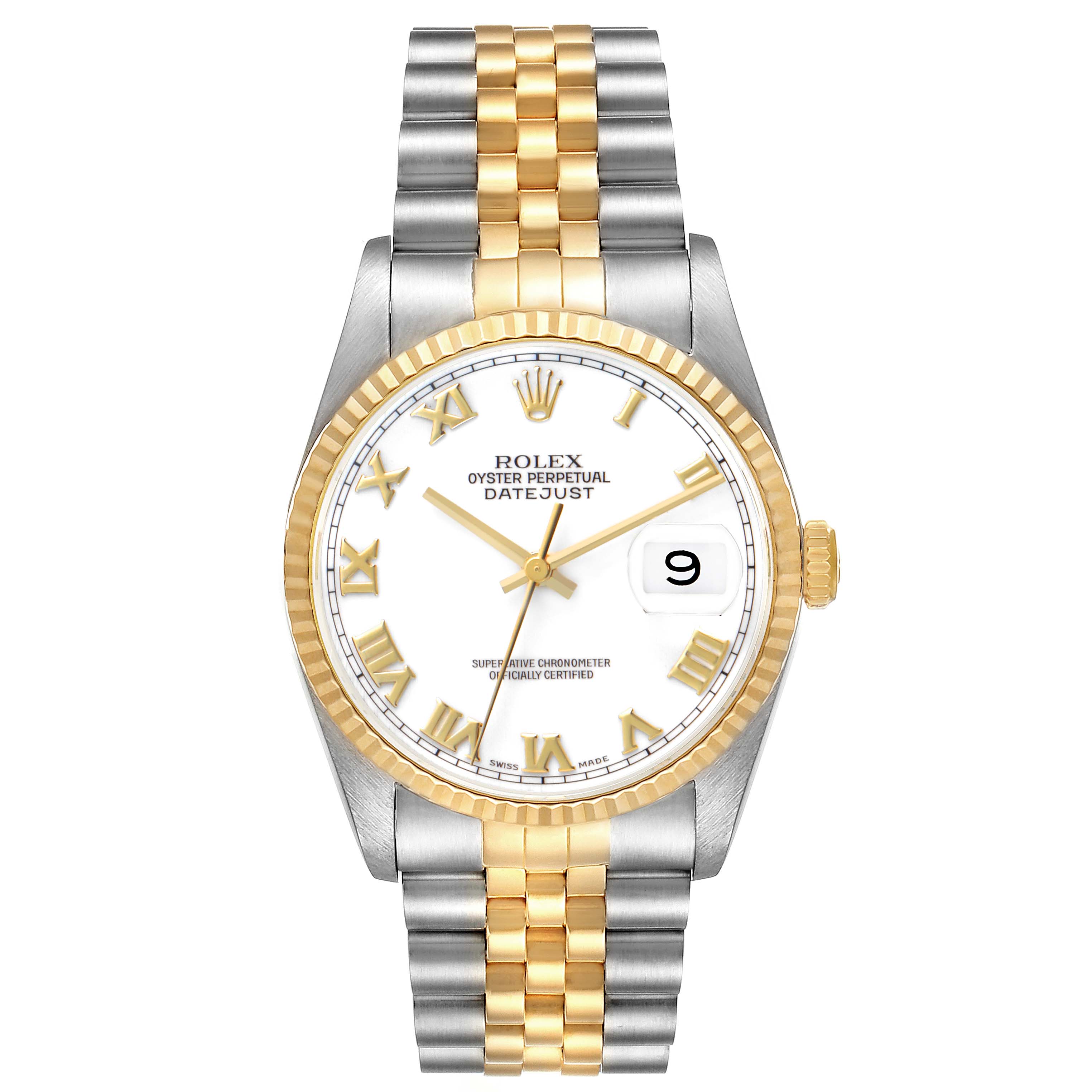 The Rolex Datejust 16233 Men's Steel and Gold (two tone) White Dial watch is shown from the front, displaying its face, bezel, and bracelet with a two-tone design.