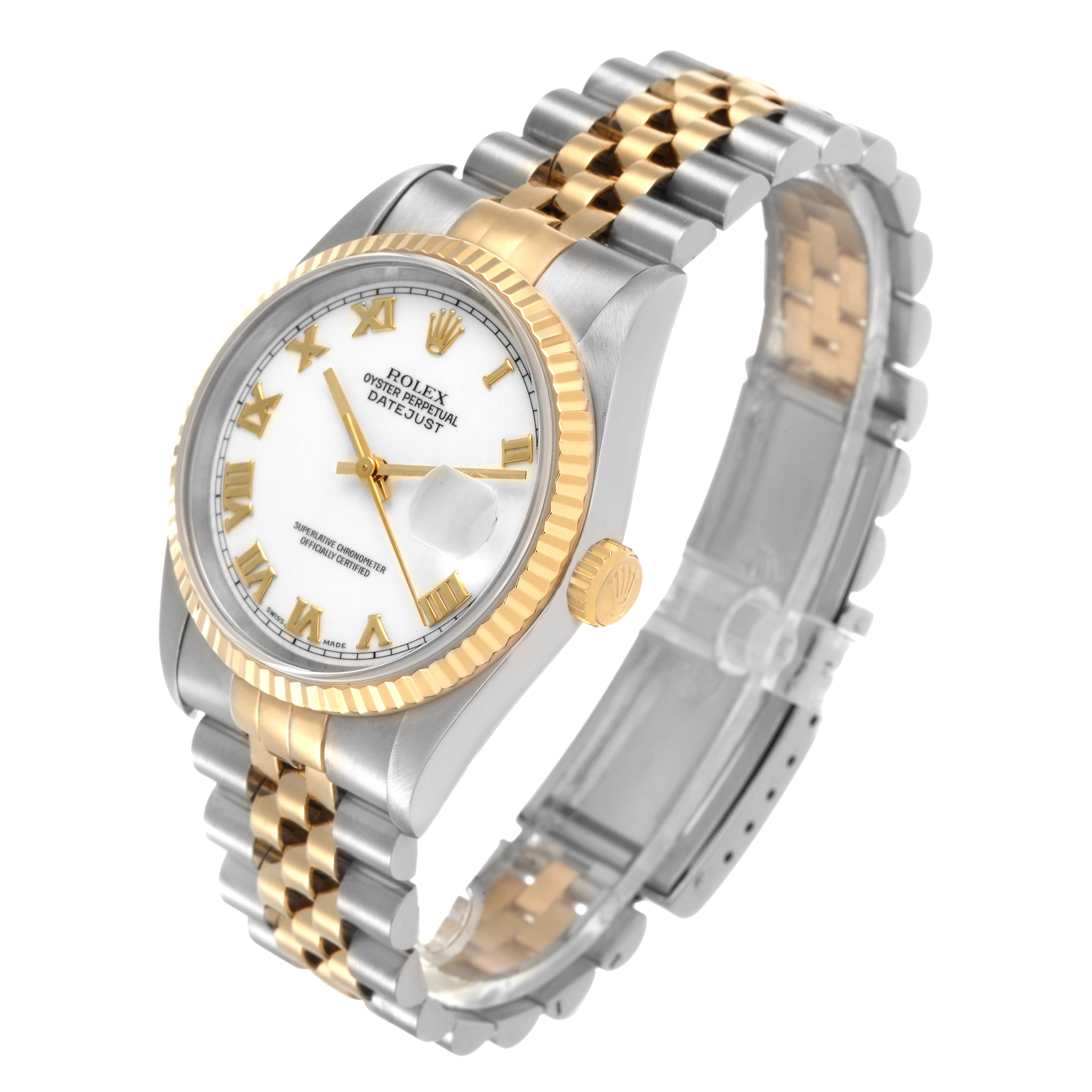 The Rolex Datejust 16233 Men's Steel and Gold (two tone) White Dial watch is shown at a three-quarter angle highlighting the two-tone bracelet, fluted bezel, and date window.